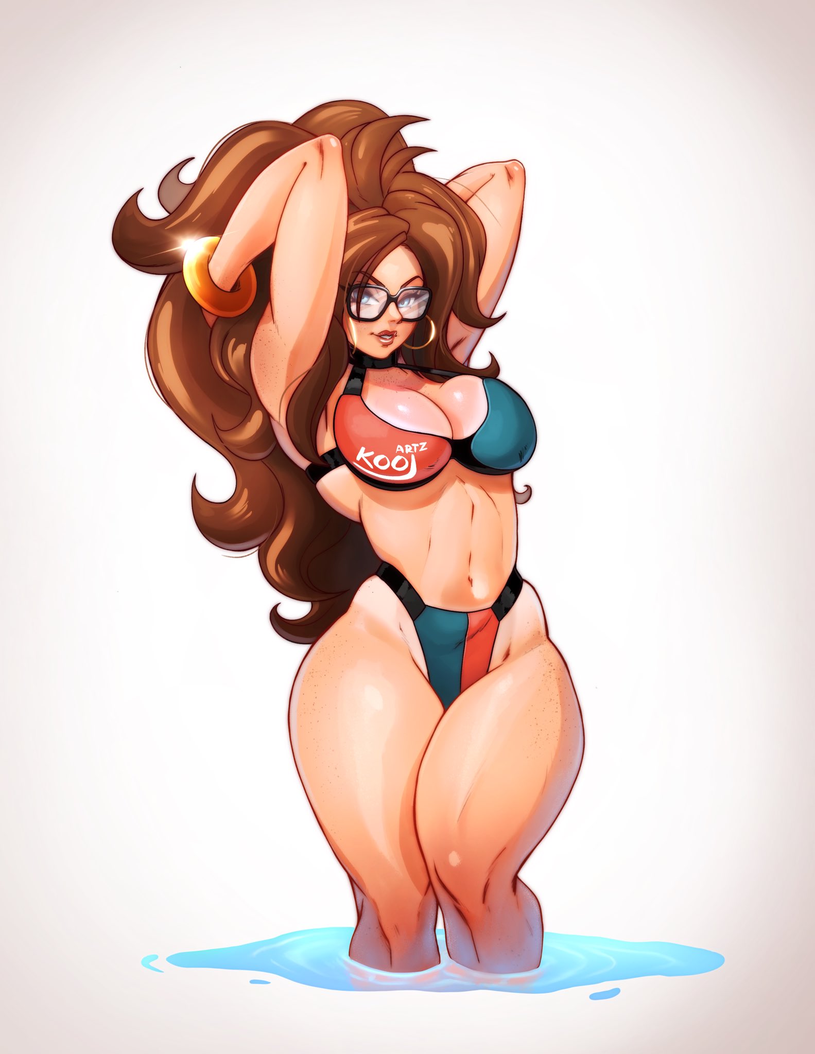 1girls, alternate version at source, alternate version available, android 21, android 21 (human), arms up, artist name, athletic, athletic female, big breasts, bikini, blue eyes, breasts, brown hair, cleavage, dragon ball, dragon ball fighterz, earrings, female, female only, glasses, hoop earrings, kooj artz, large breasts, long hair, looking at viewer, muscular, navel, partially submerged, smile, solo, solo female, swimsuit, tanline, tattoos, thick thighs, thighs bigger than head, tinted eyewear, toned, toned female, trendy bikini, water