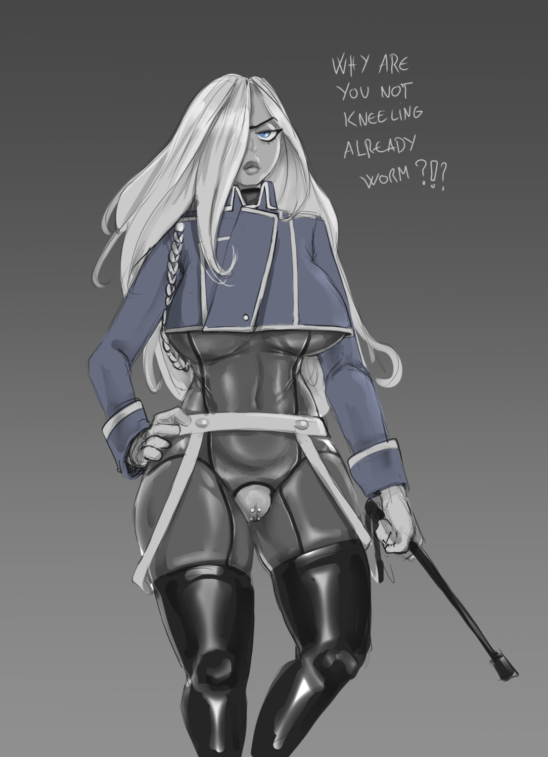 1girls, bodysuit, breasts, crop top, darkminou, female, female only, fullmetal alchemist, fullmetal alchemist brotherhood, garter belt, garter straps, genital piercing, gloves, olivier mira armstrong, pussy, pussy piercing, riding crop, solo, thighhighs, underboob, whip
