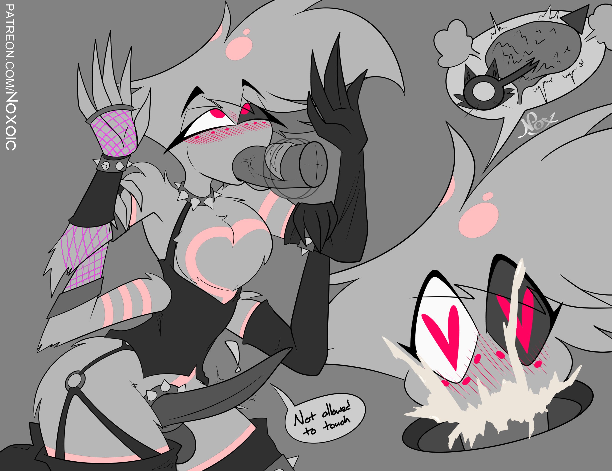 angel dust (hazbin hotel), blowjob, blush, chest tuft, cum, cum in mouth, cum in throat, deepthroat, deepthroat no hands, demon, denial, duo, elbow gloves, erection, fellatio, fishnet armwear, fishnets, girly, glory hole, hazbin hotel, heart eyes, heart-shaped pupils, heterochromia, male, male/male, multi arm, multi limb, noxoic, oral, oral sex, orgasm denial, penis, pleasure face, spider, surprised, tongue wrap