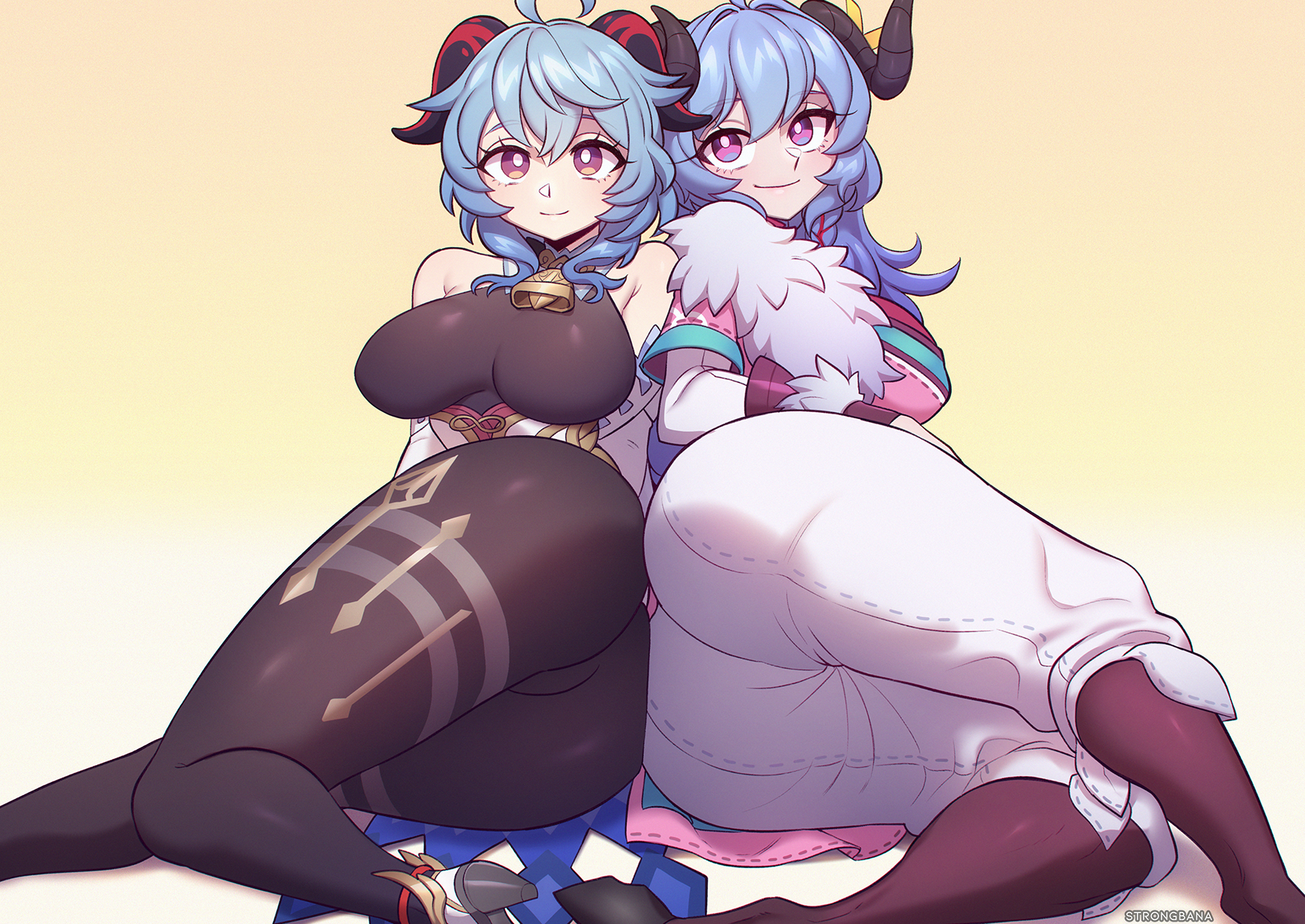 2girls, alternate version available, ass, big ass, big breasts, blue hair, breasts, clothed female, crossover, female, female only, fully clothed, ganyu (genshin impact), genshin impact, horns, kindred, lamb (league of legends), league of legends, long hair, riot games, spirit blossom kindred, spirit blossom series, strongbana, thick thighs, thighs