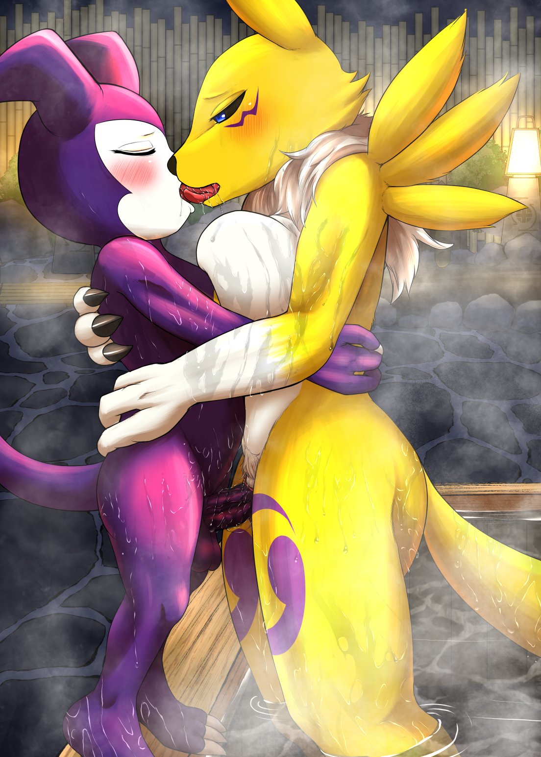 balls ballsack bandai_namco big_breasts blush breasts digimon digimon_(species) embrace female female_fox fid fox genitals hot_spring hugging imp impmon kissing male naked nude onsen penis pussy renamon sex vaginal_penetration vixen