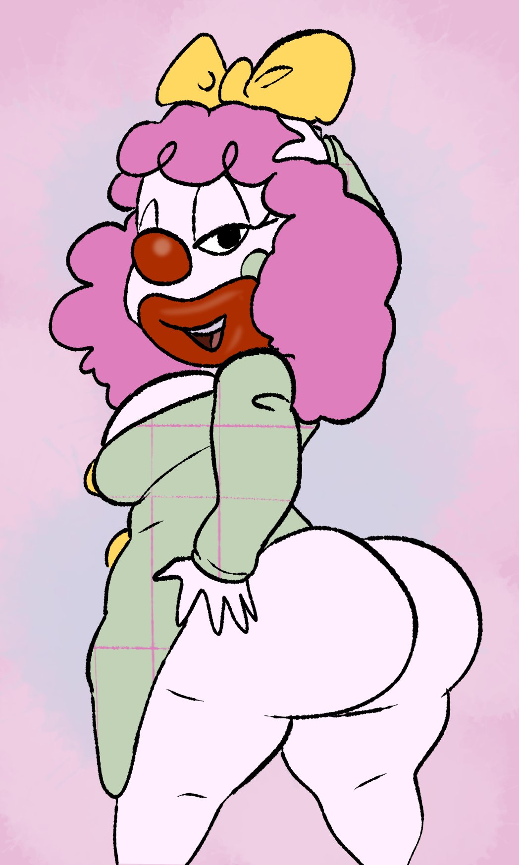 ass ass_grab big_ass big_breasts big_lips bowtie clown clown_girl clown_makeup clown_nose clussy fat_ass hand_on_head honkers_the_clown johnny_bravo_(series) lipstick looking_at_viewer pink_hair red_lipstick thick_thighs thighs white_skin zevixbunt