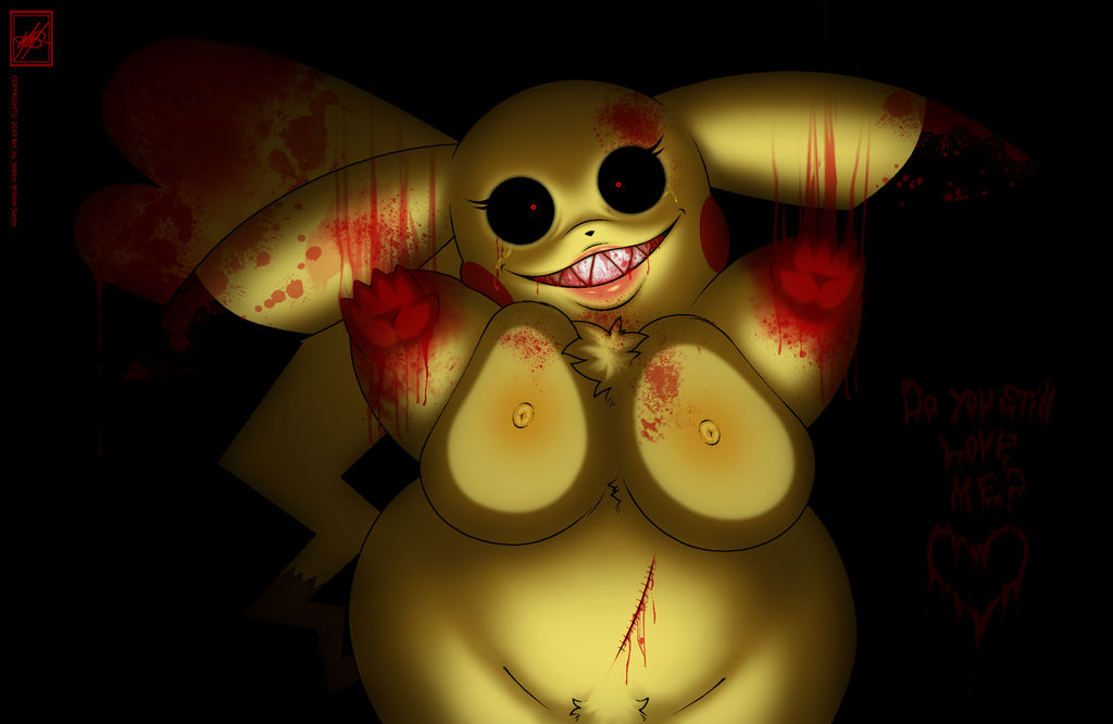 1girls anthro black_sclera blood breasts breasts_against_screen creepy female freakachu horror_(theme) looking_at_viewer pikachu pokemon red_eyes sharp_teeth solo tagme walter_sache