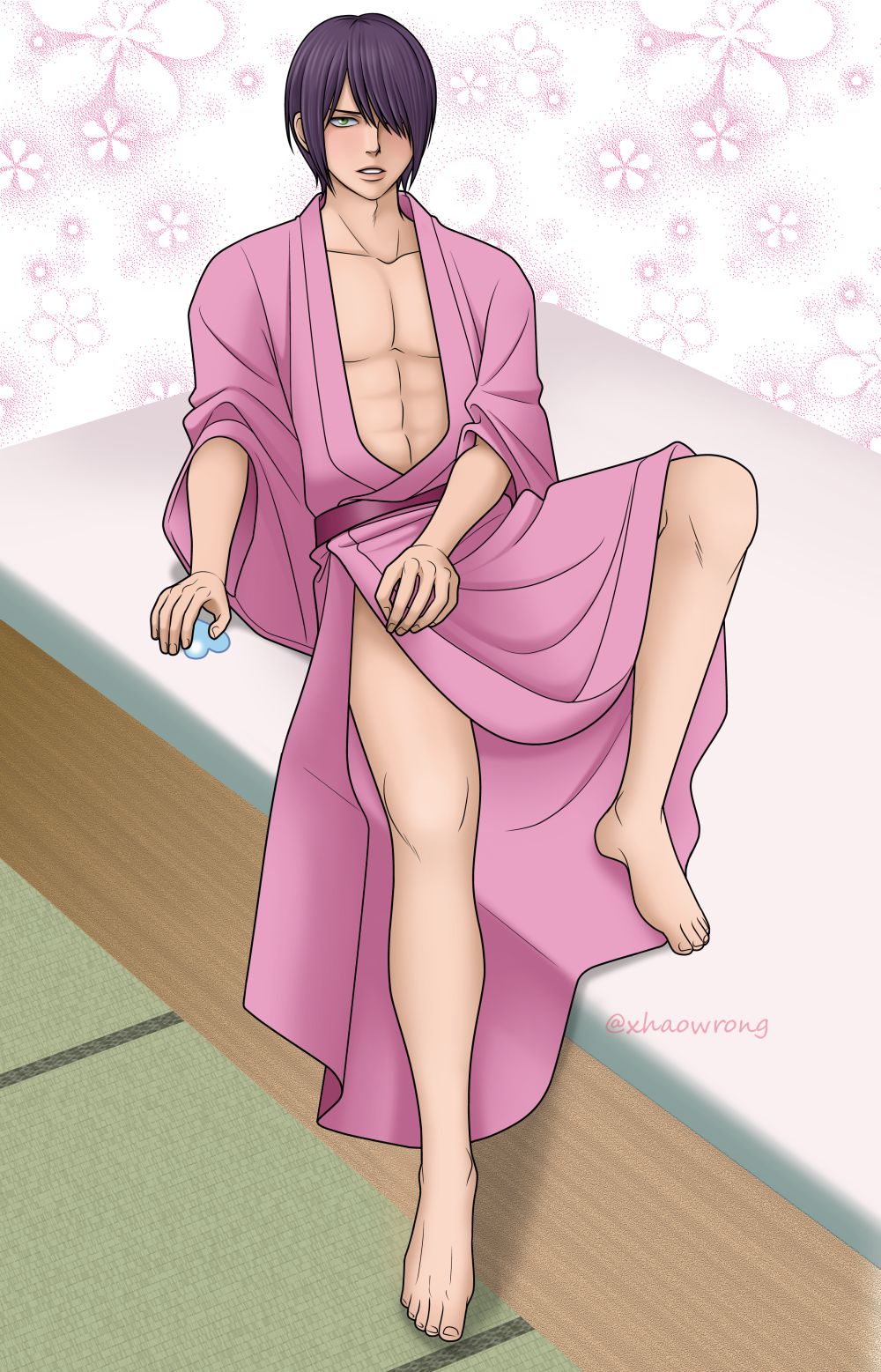 abs barefoot bishonen blush clothed full_body gintama green_eyes hair_over_one_eye kimono looking_at_viewer male male_only official_alternate_costume open_kimono purple_hair solo takasugi_shinsuke tatami xhaowrong