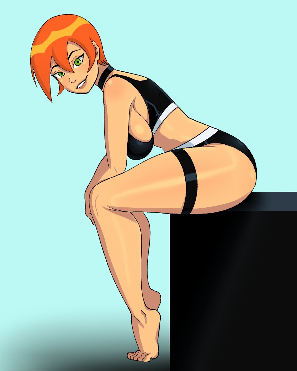 1girls 2023 barefoot ben_10 big_ass big_butt black_underwear donchibi feet female female_only future_gwen green_eyes gwen_tennyson looking_at_viewer orange_hair short_hair simple_background sitting smile solo tagme toes underwear white_skin