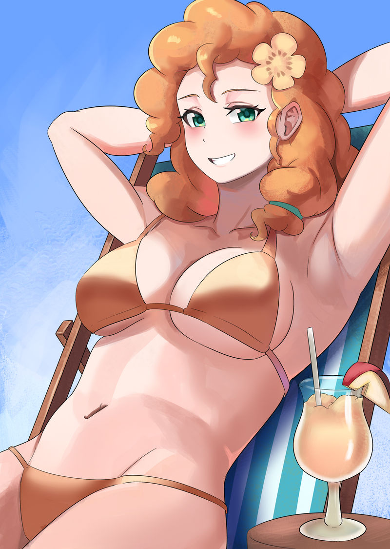 1girls armpits bikini curly_hair flower_in_hair friendship_is_magic humanized iojknmiojknm large_breasts milf my_little_pony orange_hair pear_butter_(mlp)