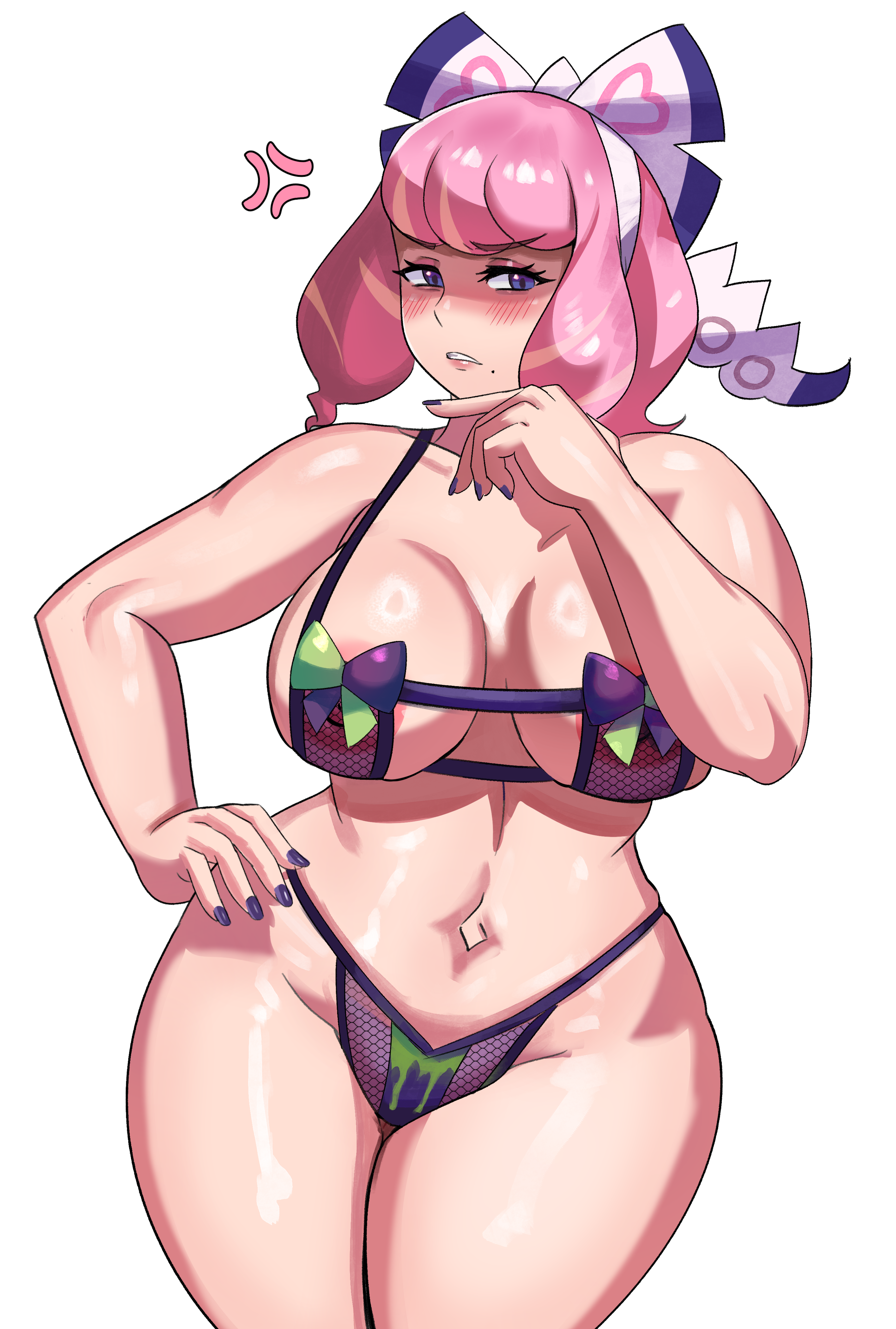 1girls, angry, bikini, breasts, female, female only, high resolution, hips, huge breasts, klara (pokemon), light skin, light-skinned female, nintendo, pink hair, png, pokemon, pokemon ss, pokemon ss isle of armor, purple eyes, solo, thick thighs, thighs, voluptuous, wide hips, ytrall