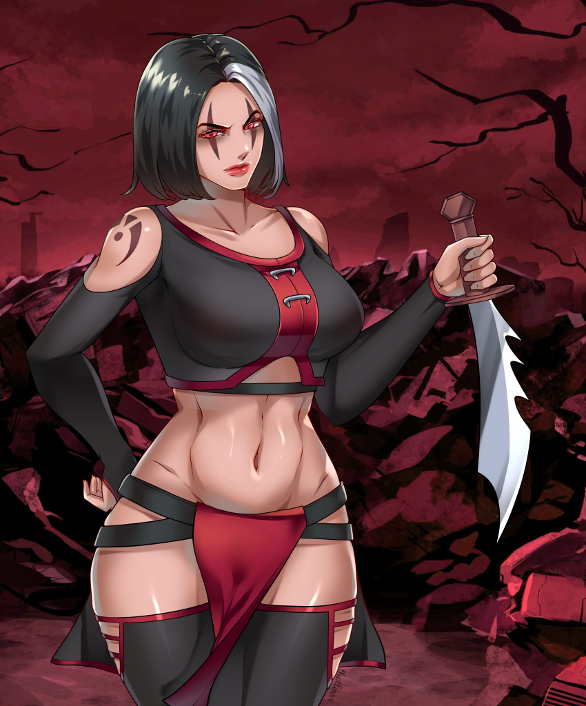 2d alluring athletic_female big_breasts big_thighs black_hair breasts dagger female_abs female_only fit_female knife midway_games mortal_kombat mortal_kombat_armageddon mortal_kombat_mythologies:_sub-zero sareena solo_female solo_focus thighs thotlerrr toned toned_female treartz weapon white_hair