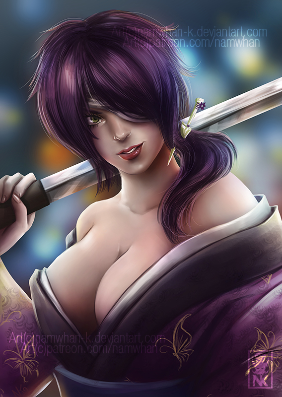 alternate_hairstyle bandages bare_shoulders big_breasts cleavage dark_hair dark_purple_hair eye_patch female female_only genderswap_(mtf) gintama green_eyes hair_ornament hair_over_one_eye japanese_clothes katana kimono lipstick looking_at_viewer namwhan-k no_bra obi off_shoulder ponytail purple_hair rule_63 samurai smile solo sword takasugi_shinsuke upper_body weapon