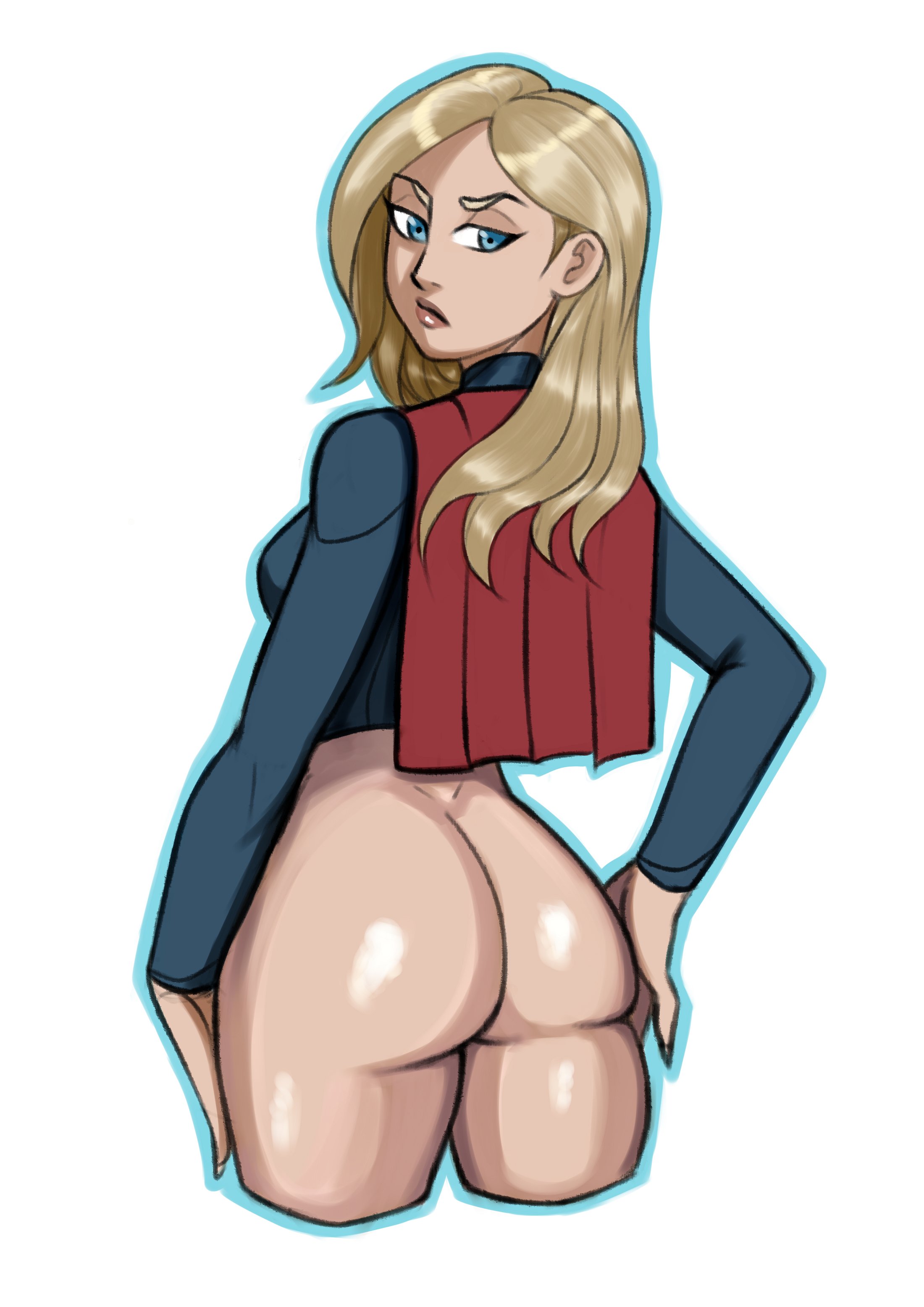 1girls, 2023, ass, big ass, blonde hair, blue eyes, blush, bottomless, dc, dc comics, dimples of venus, female, female only, frank draws, kara danvers, kara zor-el, kryptonian, light skin, light-skinned female, long hair, looking at viewer, rear view, supergirl, supergirl (series), superman (series), thick thighs, wide hips