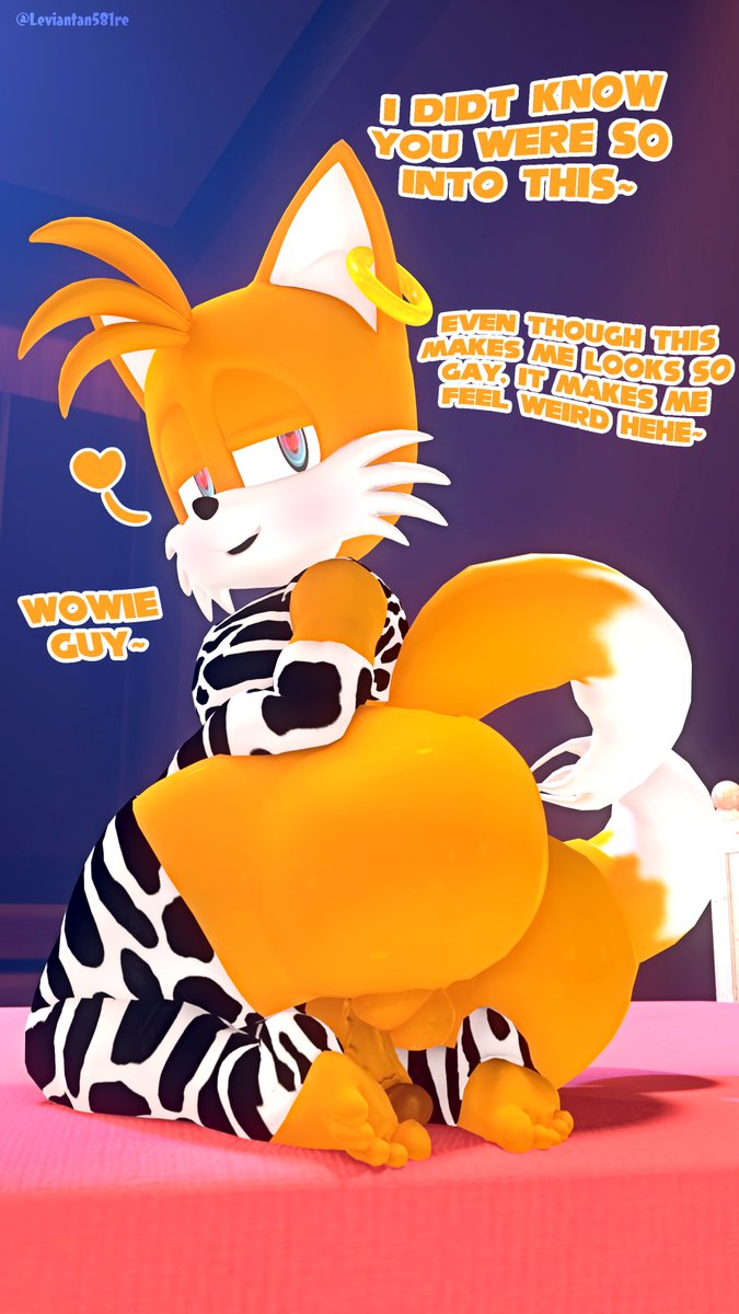 3d, 3d (artwork), anthro, armwear, ass, balls, big ass, canid, canine, cow print, cow print armwear, cow print legwear, ear ring, english text, femboy, feminine tails, fox, gay, girly, heart-shaped pupils, legwear, leviantan581re, looking at viewer, male, male only, penis, sitting, solo focus, solo male, sonic (series), sonic the hedgehog (series), stockings, tails, tails the fox, text