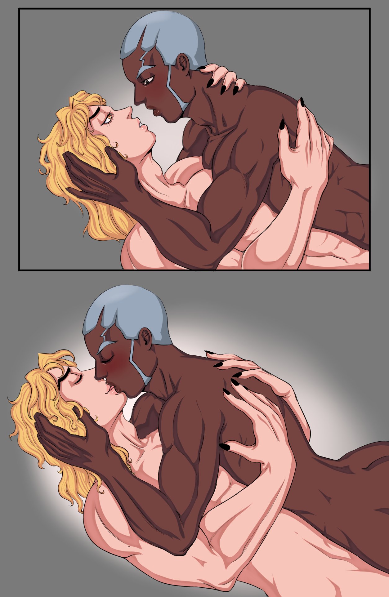 2boys blonde_hair blush dark-skinned_male dark_skin dio_brando enrico_pucci gay interracial jojo's_bizarre_adventure kissing male/male male_only muscular_male nemdreams nude stone_ocean yaoi