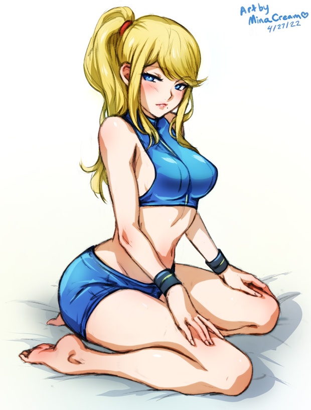 1girls, 2022, alternate version available, artist name, blonde hair, blue eyes, casual outfit (metroid), dated, female, female only, hair tie, hands on own thighs, kneeling, kneeling on bed, long blonde hair, long hair, looking at viewer, metroid, minacream, mole under mouth, nintendo, ponytail, safe for work, samus aran, sfw, solo, sports bra, wristbands