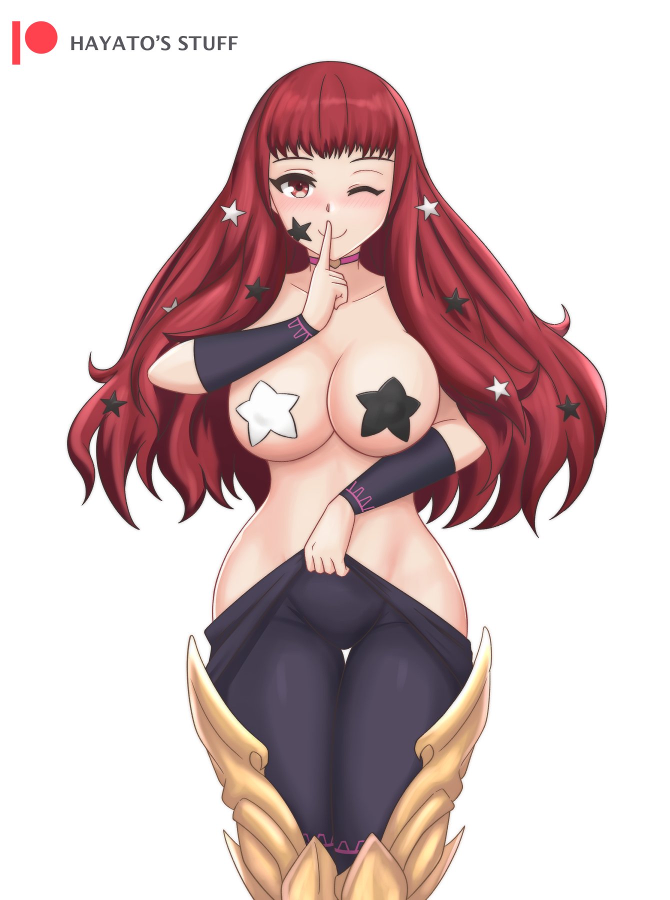 1girls barely_clothed breasts brown_eyes choker covered_nipples female female_only fire_emblem fire_emblem_engage grin hayato_stuff hips large_breasts long_hair nintendo nipple_bulge nipples one_eye_closed pasties red_hair shushing smile solo teasing thick_thighs thighs tight_clothing tits wink yunaka_(fire_emblem)