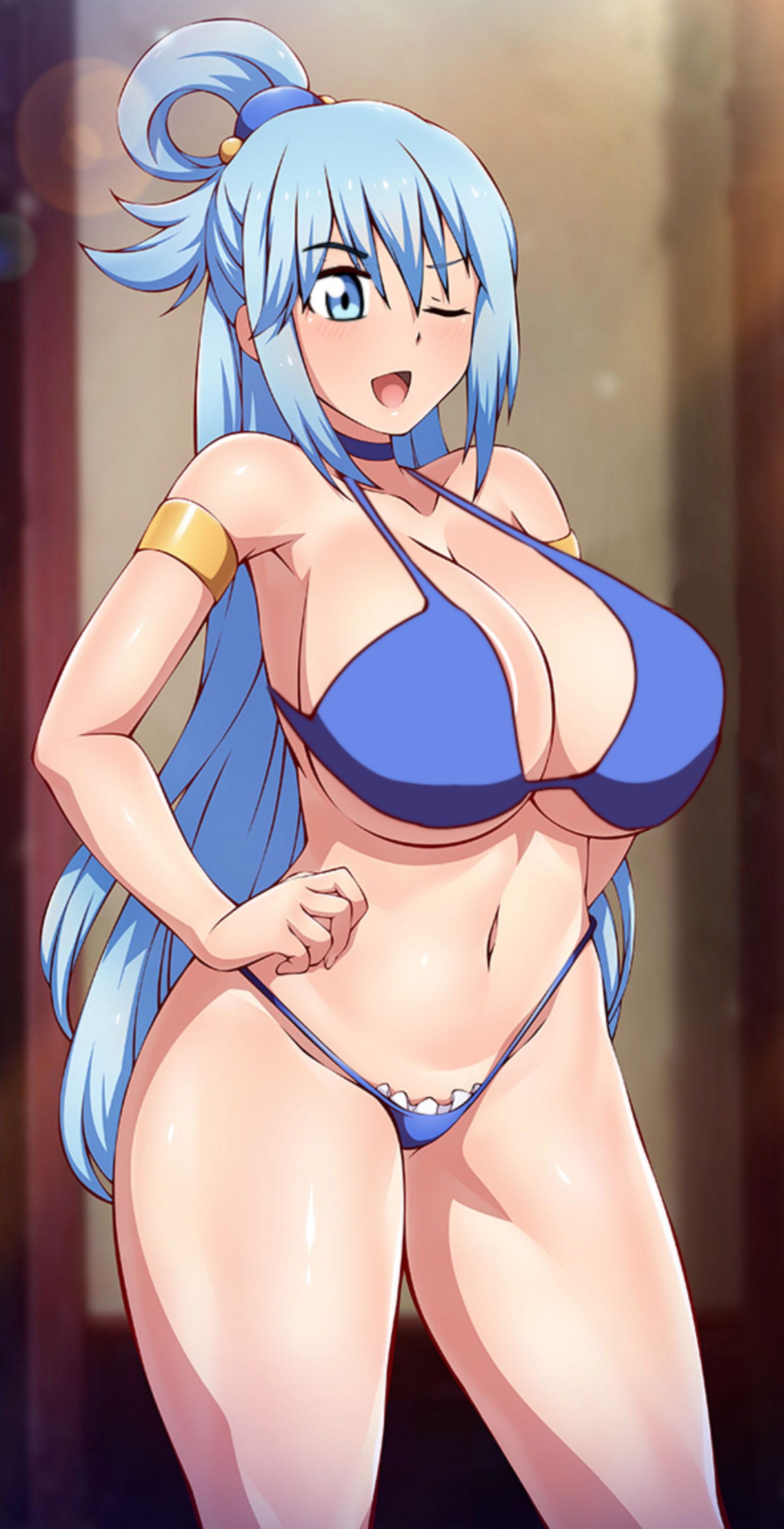 1girls, aqua (konosuba), armpit peek, big breasts, bikini, blue eyes, blue hair, blue-senpai, blush, breasts, busty, cleavage, female, female only, hand on hip, highres, huge breasts, kono subarashii sekai ni shukufuku wo!, legs, long hair, navel, one eye closed, open mouth, smile, solo, swimsuit, thick thighs, thighs, voluptuous