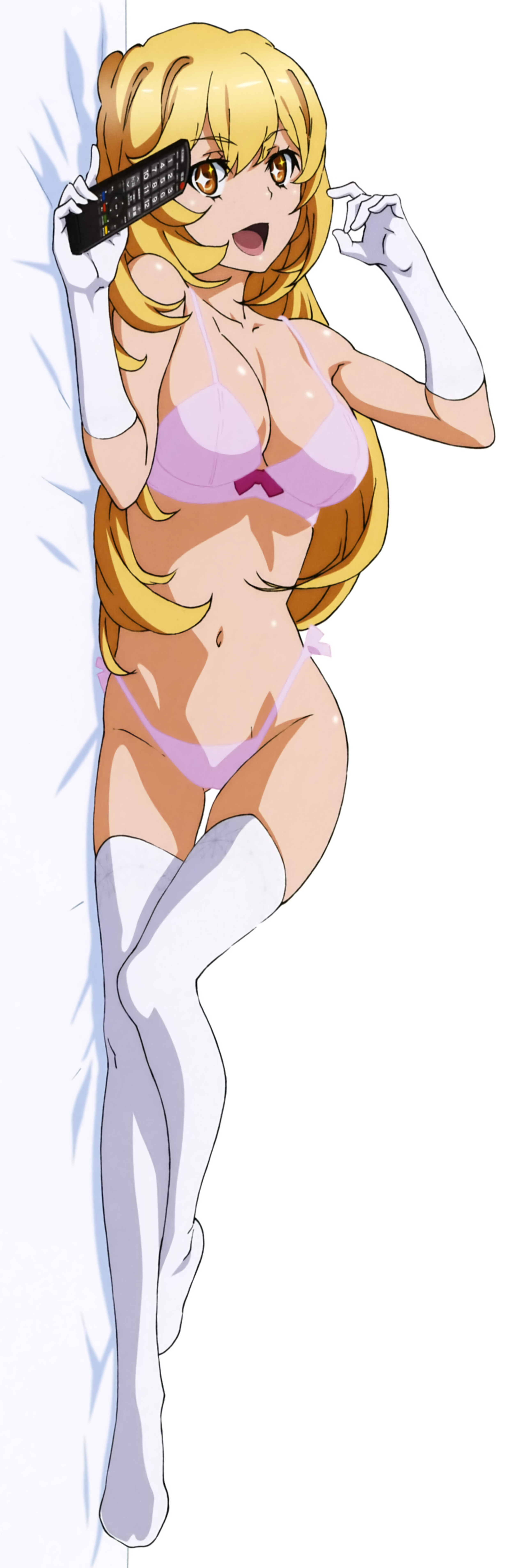 :d, + +, 1girls, 2020s, 2021, absurd res, ass visible through thighs, bangs, bare hips, blonde hair, bra, breasts, brown eyes, cleavage, collarbone, dakimakura, elbow gloves, female, full body, gloves, gluteal fold, hair between eyes, hi res, hips, holding, large breasts, light skin, light-skinned female, long hair, looking at viewer, lying, matching hair/eyes, navel, official art, on side, open mouth, open smile, panties, pink bra, pink panties, scan, schoolgirl, shiny skin, shokuhou misaki, skindentation, smile, solo, straight hair, teenage female, teenager, thigh gap, thighhighs, to aru kagaku no railgun, to aru majutsu no index, underwear, underwear only, unusual anatomy, unusual eyes, unusual pupils, very long hair, white gloves, white thighhighs, young