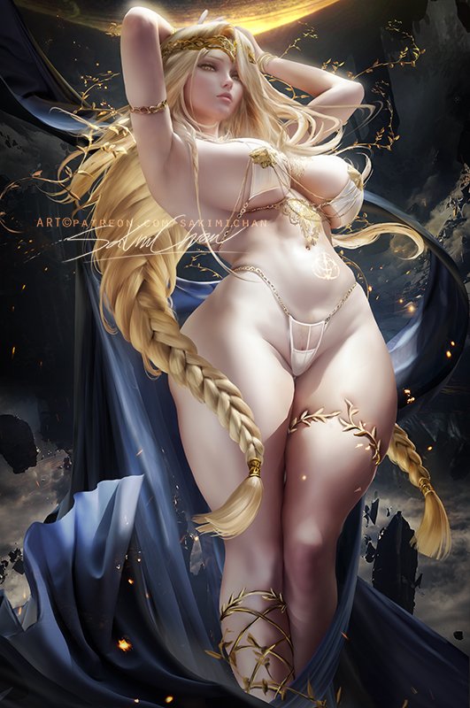 1girls, artist signature, bikini, blonde hair, breasts, elden ring, female, fromsoftware, hair over one eye, hartman hips, hips, hourglass figure, huge breasts, light skin, light-skinned female, long hair, navel, queen marika the eternal, sakimichan, slim waist, thick thighs, watermark, white bikini, wide hips, yellow eyes