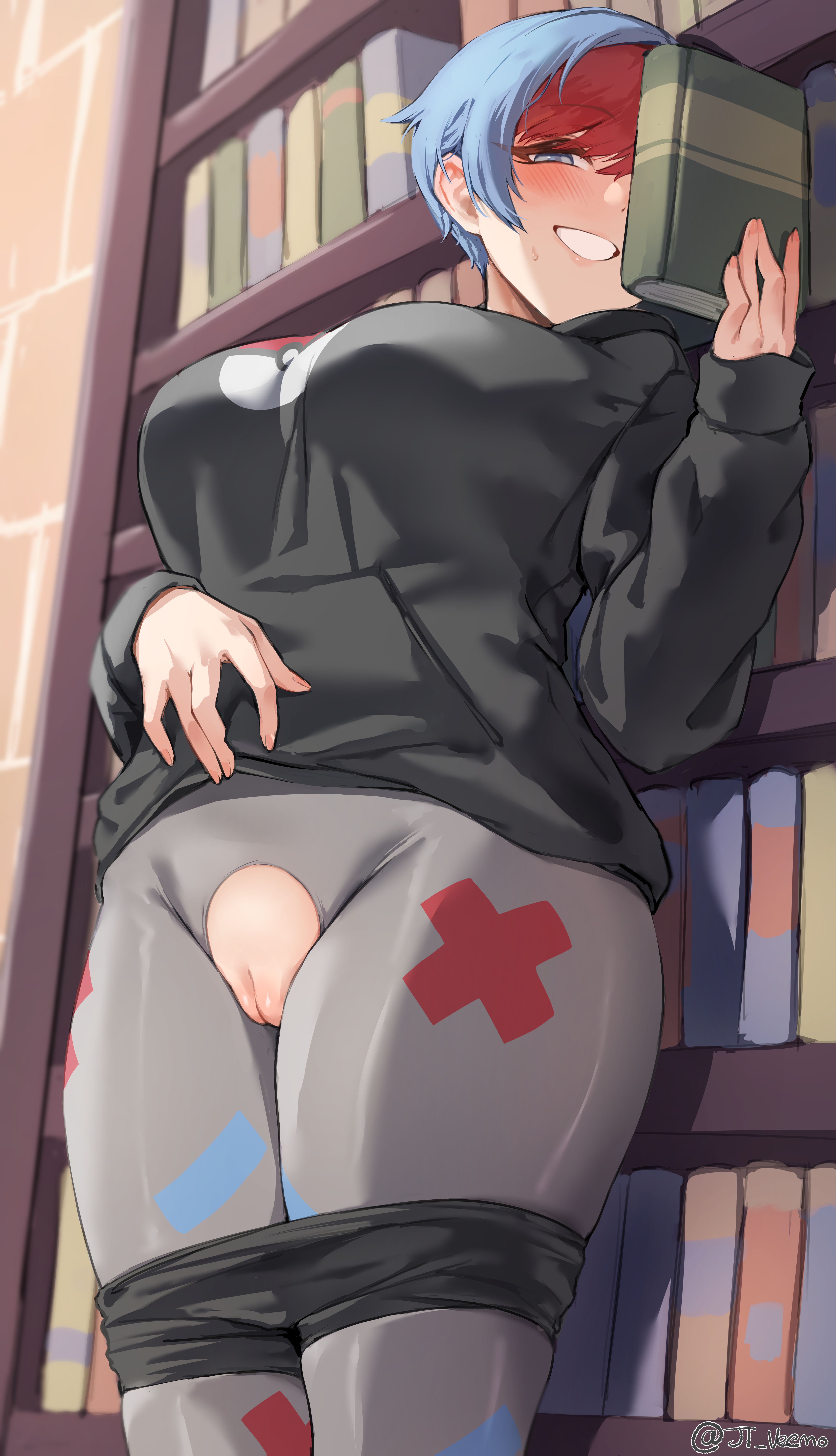 1girls, absurd res, alternate breast size, blue hair, book, bookshelf, breasts, cleft of venus, clothed, clothed female, crotch cutout, female, female only, glasses, grin, high resolution, hoodie, huge breasts, indoors, innie pussy, jtveemo, large breasts, library, naughty face, nintendo, penny (pokemon), pokemon, pokemon sv, pussy, red hair, short hair, smile, solo, suggestive look, tights, two-tone hair, uncensored, white panties