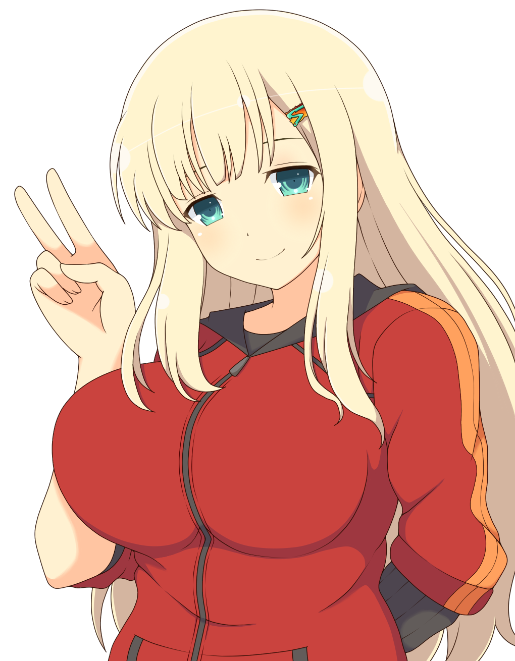 1girls blonde_hair female front_view fully_clothed green_eyes hair_ornament huge_breasts ichiryuu_tsumiki impossible_clothes jacket light-skinned_female light_skin looking_at_viewer peace_sign senran_kagura simple_background smile solo sportswear standing very_long_hair white_background yomi_(senran_kagura)