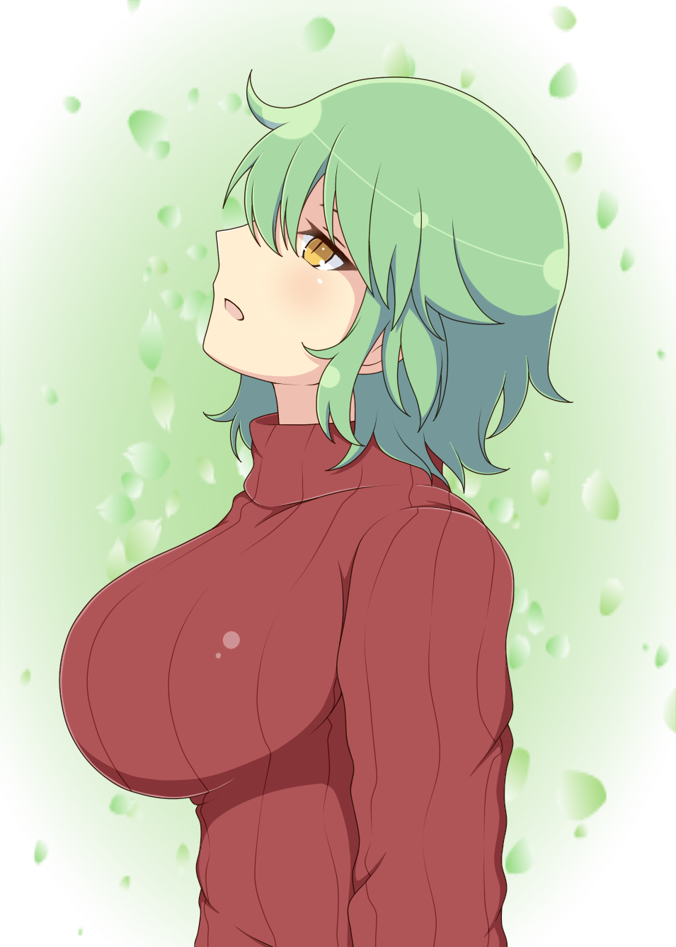 1girls expressionless female gradient_background green_hair hikage_(senran_kagura) huge_breasts ichiryuu_tsumiki impossible_clothes light-skinned_female light_skin looking_up medium_hair open_mouth senran_kagura side_view simple_background slit_pupils solo standing sweater yellow_eyes