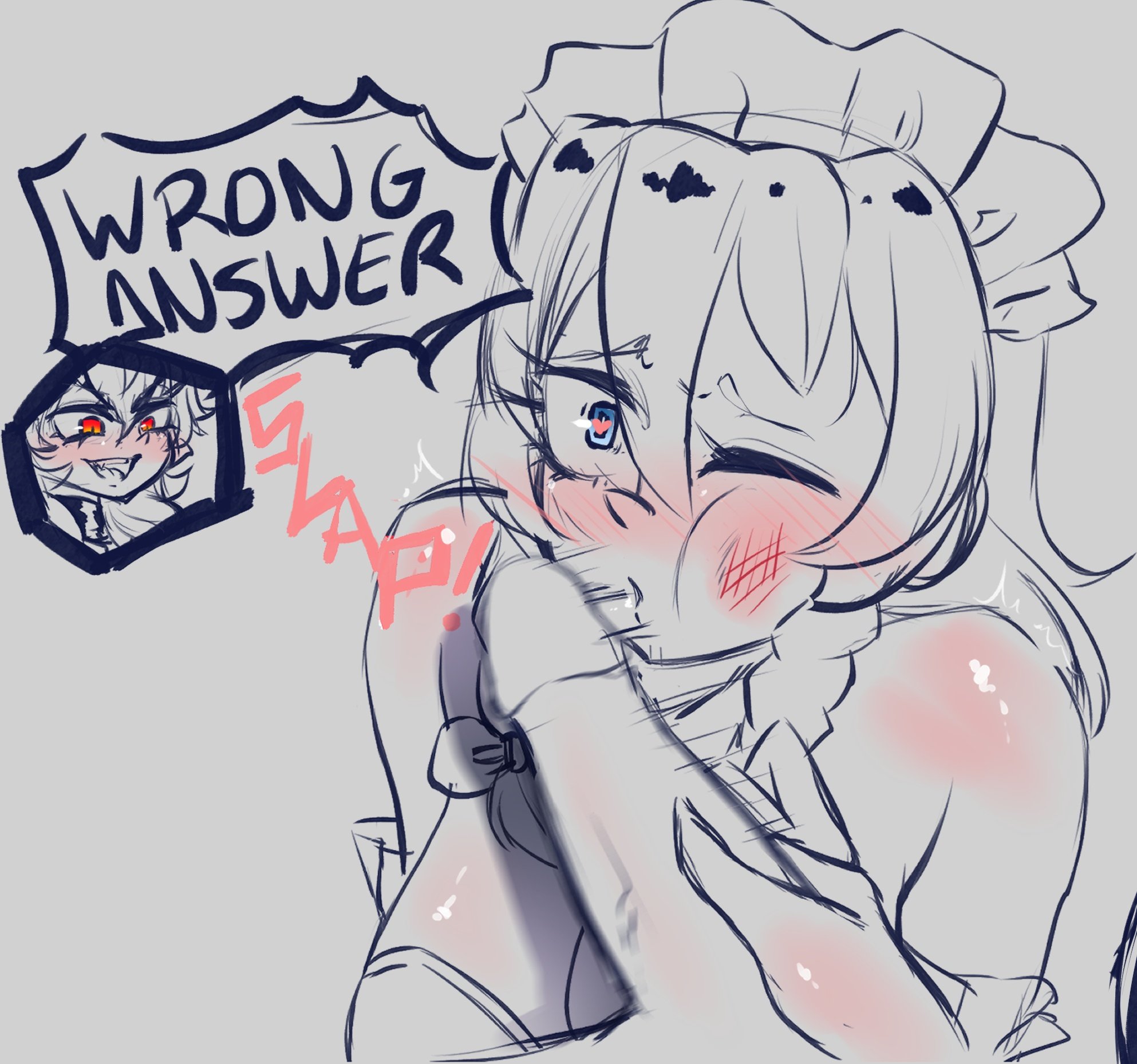 1futa, 1girls, 2022, 2d, 2d (artwork), big penis, blue eyes, breasts, cock slap, dialogue, duo, english text, erection, female, female focus, femsub, futa on female, futadom, futanari, heart-shaped pupils, high-angle view, human, humanoid, humanoid penis, intersex, kadaryo, penis, red eyes, remilia scarlet, sakuya izayoi, slap, solo focus, text, touhou, vampire, vampire girl