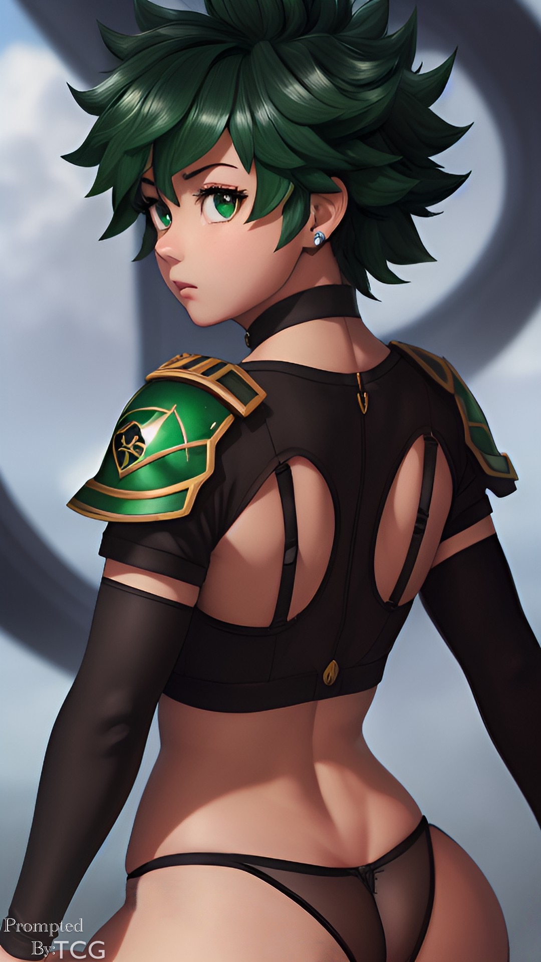 ai generated, choker, deku, earring, femboy, green eyes, green hair, izuku midoriya, long gloves, looking back, male, male only, midoriya izuku, my hero academia, pauldrons, see-through panties, thechronicgamer, trap