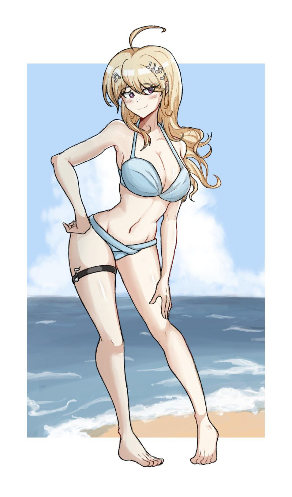 1girls 2022 ahoge akamatsu_kaede beach beach_background bikini bikini_bottom bikini_top blonde_female blonde_hair blonde_hair_female blue_bikini blue_bikini_bottom blue_bikini_top breasts cleavage cloud clouds cloudscape cloudy_sky danganronpa danganronpa_s:_ultimate_summer_camp danganronpa_v3 elbow elbow_rest elbows eyebrows eyebrows_visible_through_hair eyelashes eyelashes_visible_through_hair eyes eyes_open eyes_visible_through_hair eyewear female female_focus female_only hair hair_ornament light_skin long_hair musical_note musical_note_hair_ornament musical_notes new_danganronpa_v3 pink_eyes pose posing sand sea seaside sky smooth_skin sociallysuperfluous sole_female solo solo_female solo_focus thigh_band thighs toes water white_background windy windy_day