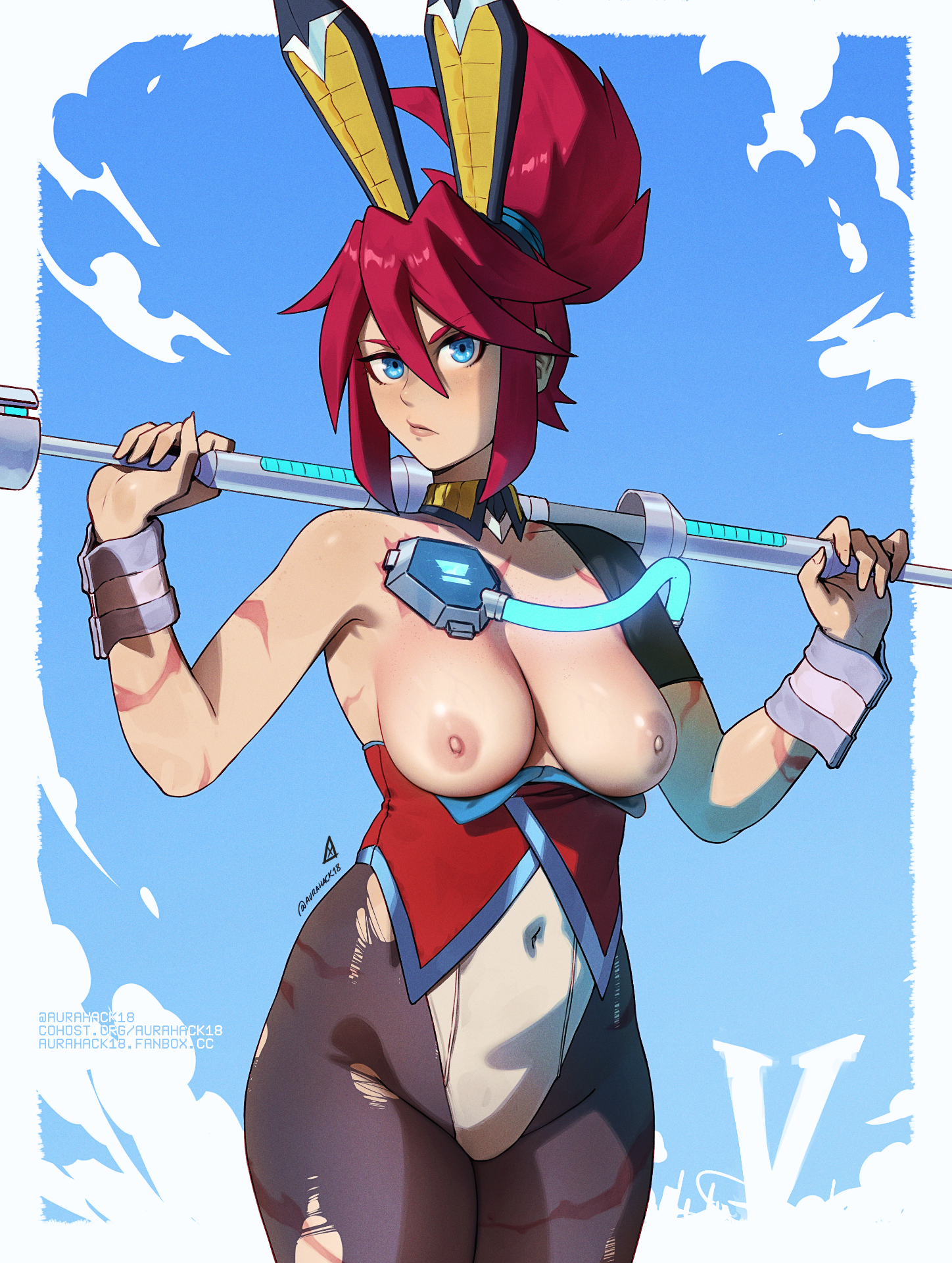 1girls, aurahack, blue eyes, breasts, breasts out, breasts outside, bunny ears, bunny ears (cosmetic), bunnysuit, exposed breasts, female, female only, hi-fi rush, korsica, light skin, light-skinned female, medium breasts, nipples, pantyhose, red hair, scar, scars, solo, spiky hair, torn legwear, torn pantyhose
