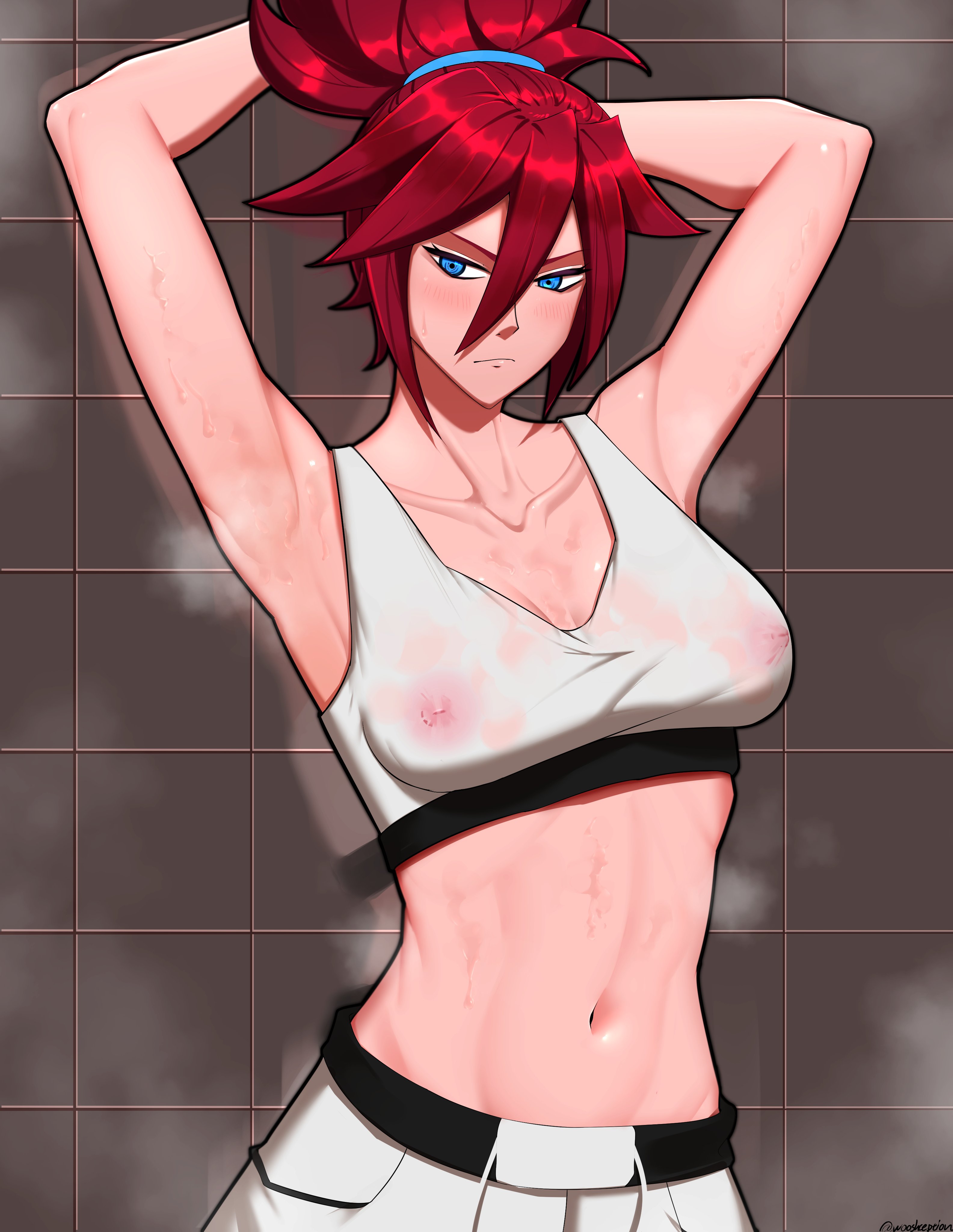 1girls, blue eyes, breasts, female, female only, hi-fi rush, korsica, medium breasts, nipples, nipples visible through clothing, red hair, spiky hair, steam, steaming body, sweat, tank top, tomboy, topwear, wet, wet clothes, wooshception