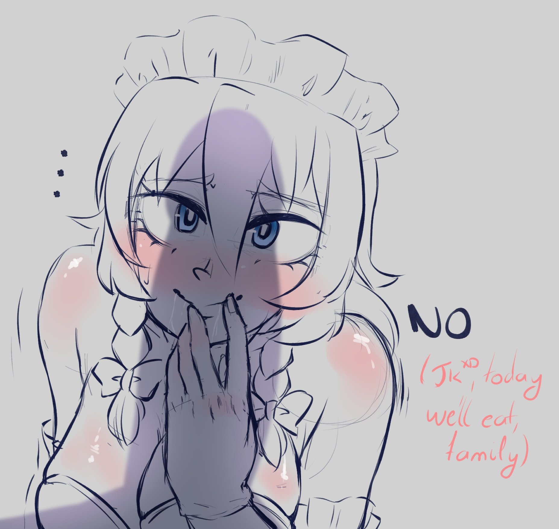 1futa, 1girls, 2022, black and white, blue eyes, breasts, clothed, clothing, dialogue, drool, drool on face, drooling, english text, female, female focus, futa on female, futa with female, futanari, hair between eyes, hair ribbon, high-angle view, human, intersex, kadaryo, partially clothed, penis, penis shadow, remilia scarlet, sakuya izayoi, squatting, text, touhou, vampire, vampire girl