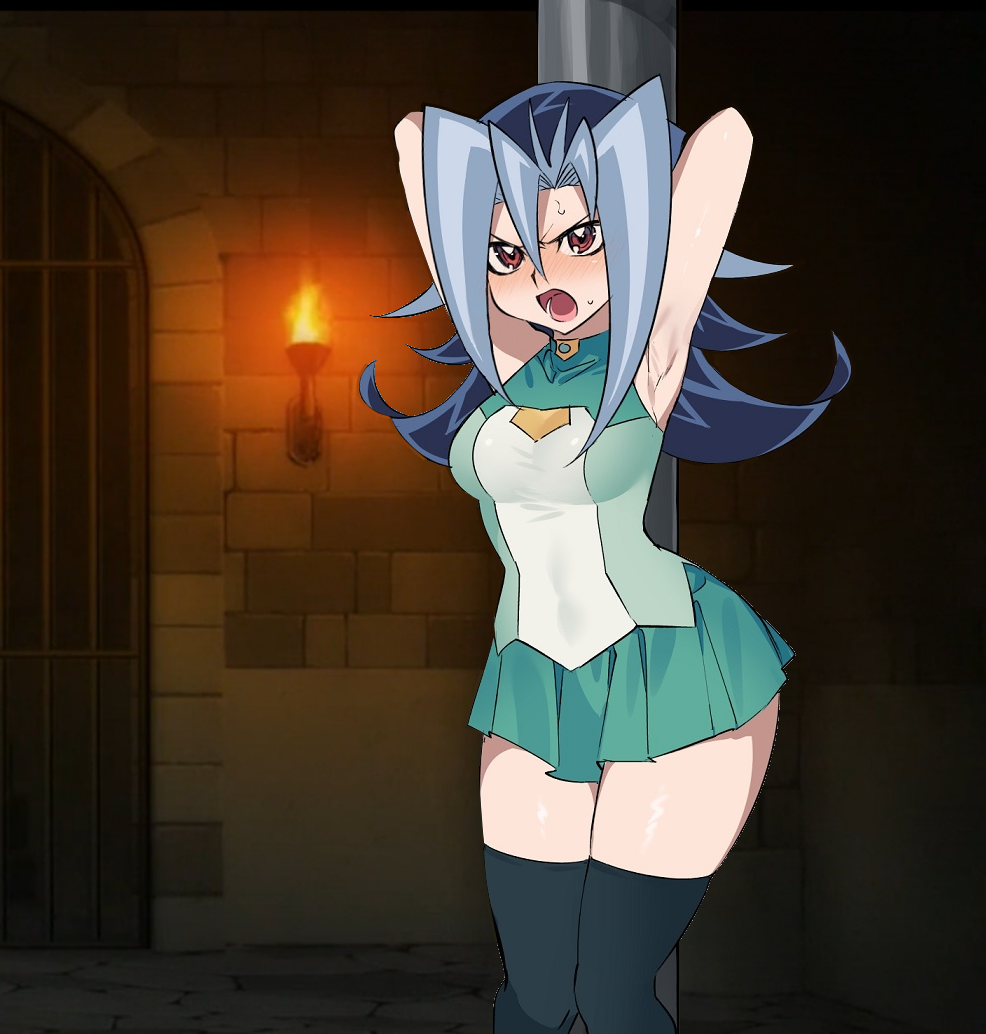 angry background background_edit blue_hair blush bryanjoel dntks edit female flagellation kamishiro_rio legwear punishment_room red_eyes rio_kamishiro room school_uniform solo tied_up yu-gi-oh! yu-gi-oh!_zexal