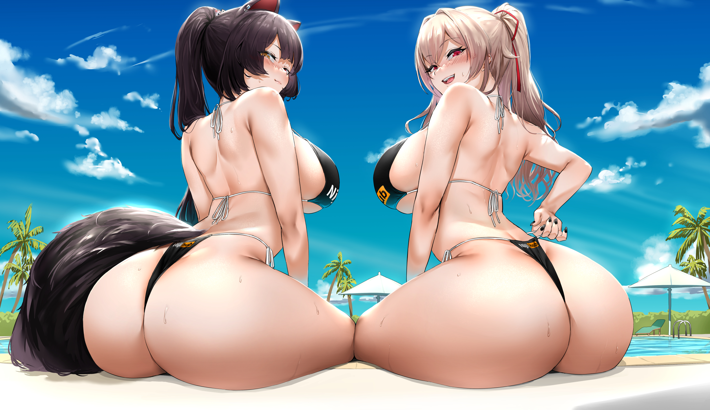2girls, animal ears, ass, beach, bikini, black bikini, blonde hair, breasts, brown eyes, brown hair, female, furen e lustario, grin, high resolution, huge ass, huge breasts, inui toko, kemonomimi, large ass, large breasts, long hair, naughty face, nijihub, nijisanji, outdoors, ponytail, pornhub bra, red eyes, sanuki (kyoudashya), smile, suggestive look, tail, text on clothing, thick thighs, thighs, virtual youtuber