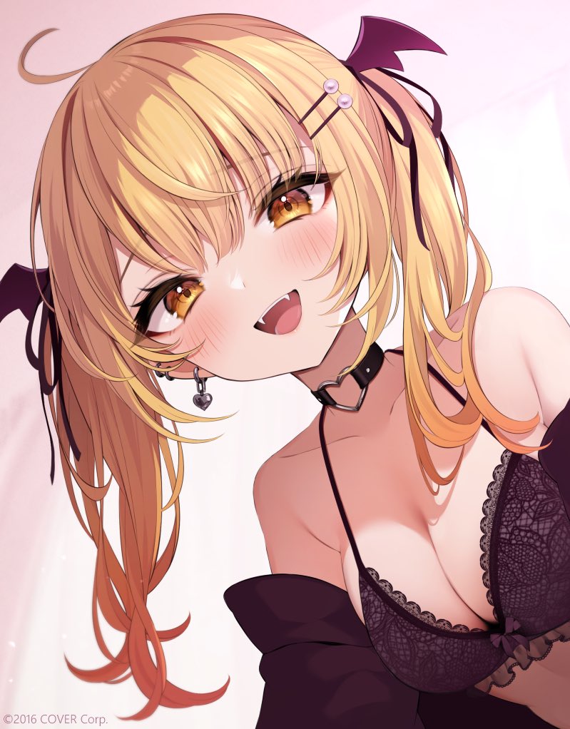 ahoge armpit_crease bangs bare_shoulders bat_wings black_bra black_choker black_jacket black_ribbon black_wings blonde_hair blunt_bangs blush bra bra_strap breasts choker cleavage commentary cute_fangs ear_piercing earrings fangs female frilled_bra frills gradient_background hair_ornament hair_ribbon hairclip heart heart_choker heart_earrings heart_o-ring hololive hololive_gen_1 hololive_japan jacket jewelry light_rays looking_at_viewer medium_breasts namagome_negi o-ring o-ring_choker off_shoulder official_art open_mouth piercing ribbon simple_background smile solo teeth twintails underwear upper_body vampire virtual_youtuber white_background wing_hair_ornament wings yellow_eyes yozora_mel