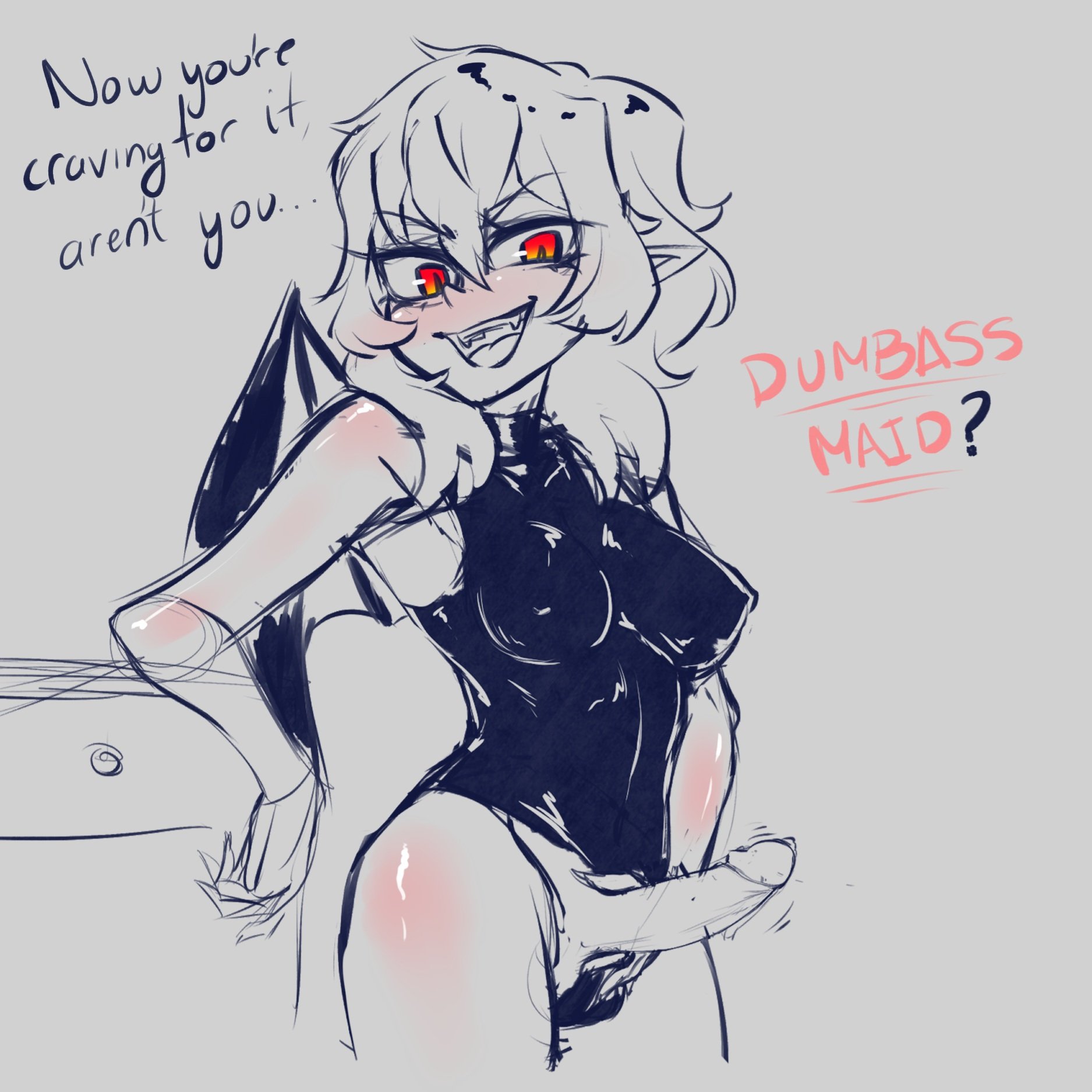1futa, 2022, balls, big penis, black and white, clothed, clothing, dialogue, english text, erection, fangs, female, futa only, futadom, futanari, human, humiliation, intersex, kadaryo, leotard, long hair, mostly clothed, penis, red eyes, remilia scarlet, sketch, skin tight, solo, spot color, standing, text, touhou, vampire, vampire girl, vampire teeth, wings