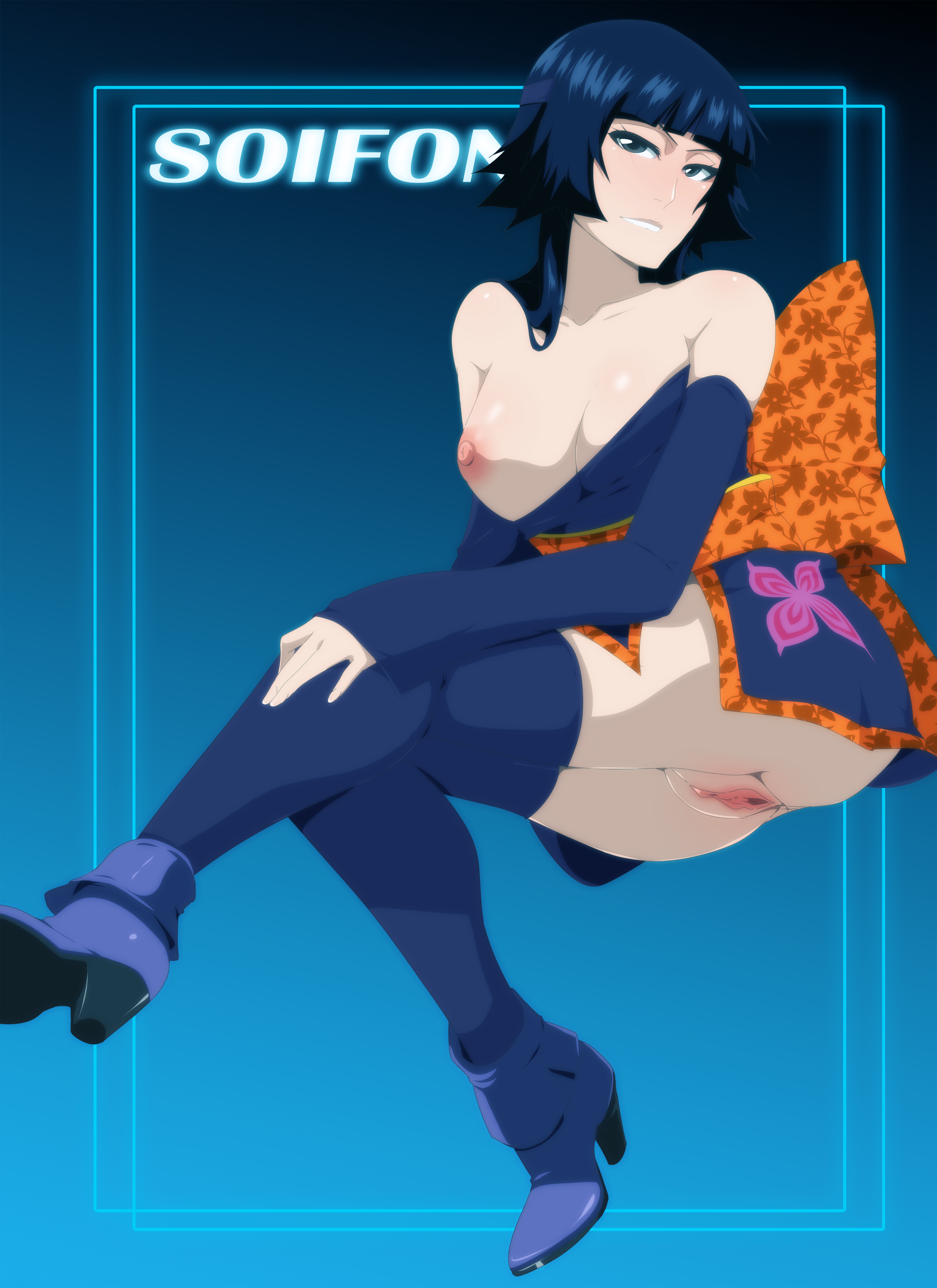 1girls, alternate breast size, alternate costume, arm warmers, big breasts, bleach, blue socks, blunt bangs, boots, breasts, character name, detached sleeves, female, female only, heel boots, heels, hi res, high heels, kimono, lexus (artist), looking at viewer, nipples, no bra, no panties, one breast out, petite, ribbon, short hair, short hair with long locks, short kimono, sitting, smile, socks, soifon, solo, solo focus, sui-feng, thick thighs, thigh socks, thighhighs, uncensored, yukata
