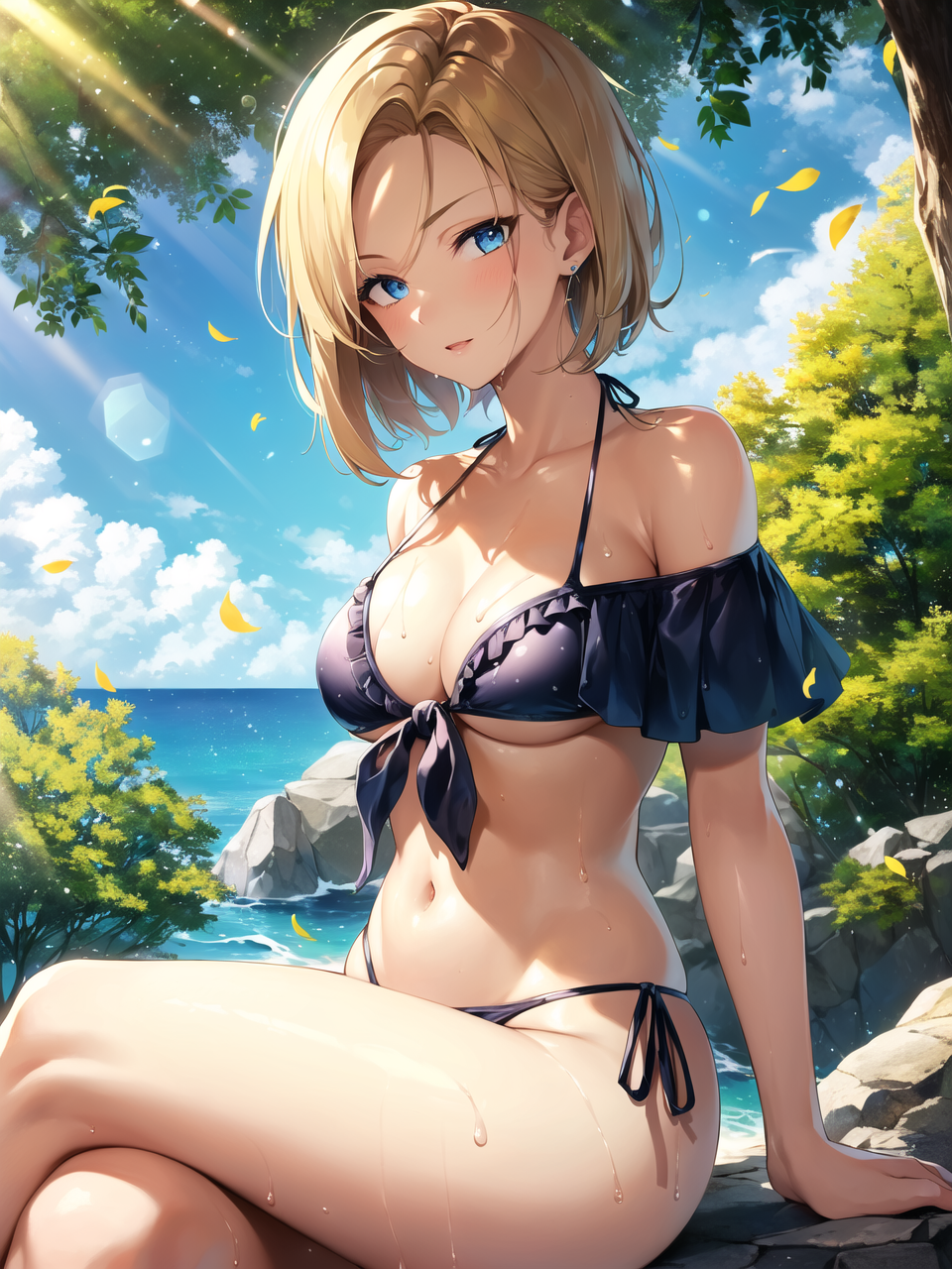 1girls, ai generated, android 18, bikini, blonde hair, blue eyes, curvy body, curvy figure, dragon ball, dragon ball super, dragon ball z, female, hi res, milf, sweat