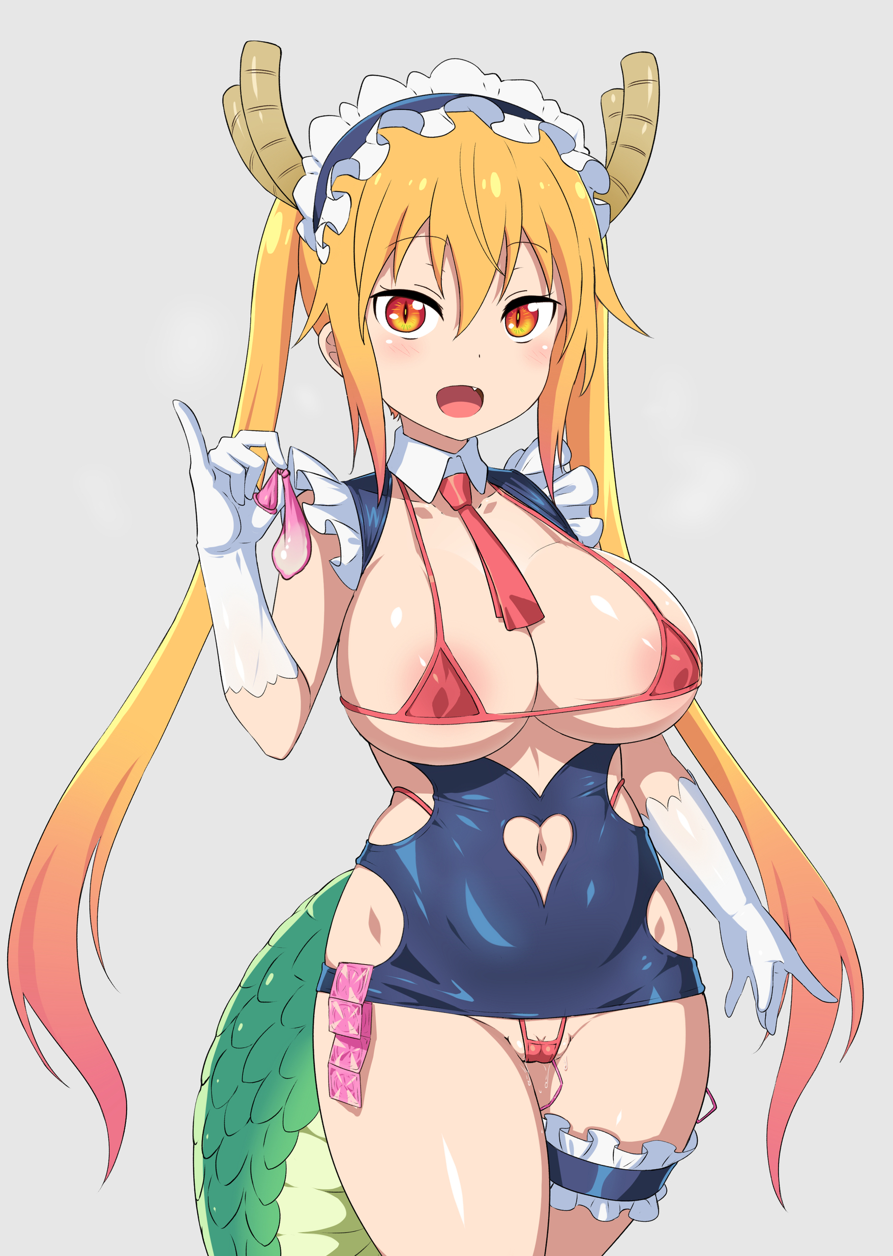 1girls, areola slip, big breasts, bikini, blonde hair, blush, breasts, condom wrapper, condoms, dragon girl, dragon horns, female, gozaru, kobayashi-san chi no maidragon, light skin, light-skinned female, maid, maid headdress, maid uniform, micro bikini, miss kobayashi's dragon maid, open clothes, orange eyes, pink condom, pussy, revealing clothes, sex toy, slit pupils, tohru (dragon maid), twintails, used condom, useless clothing, vaginal insertion