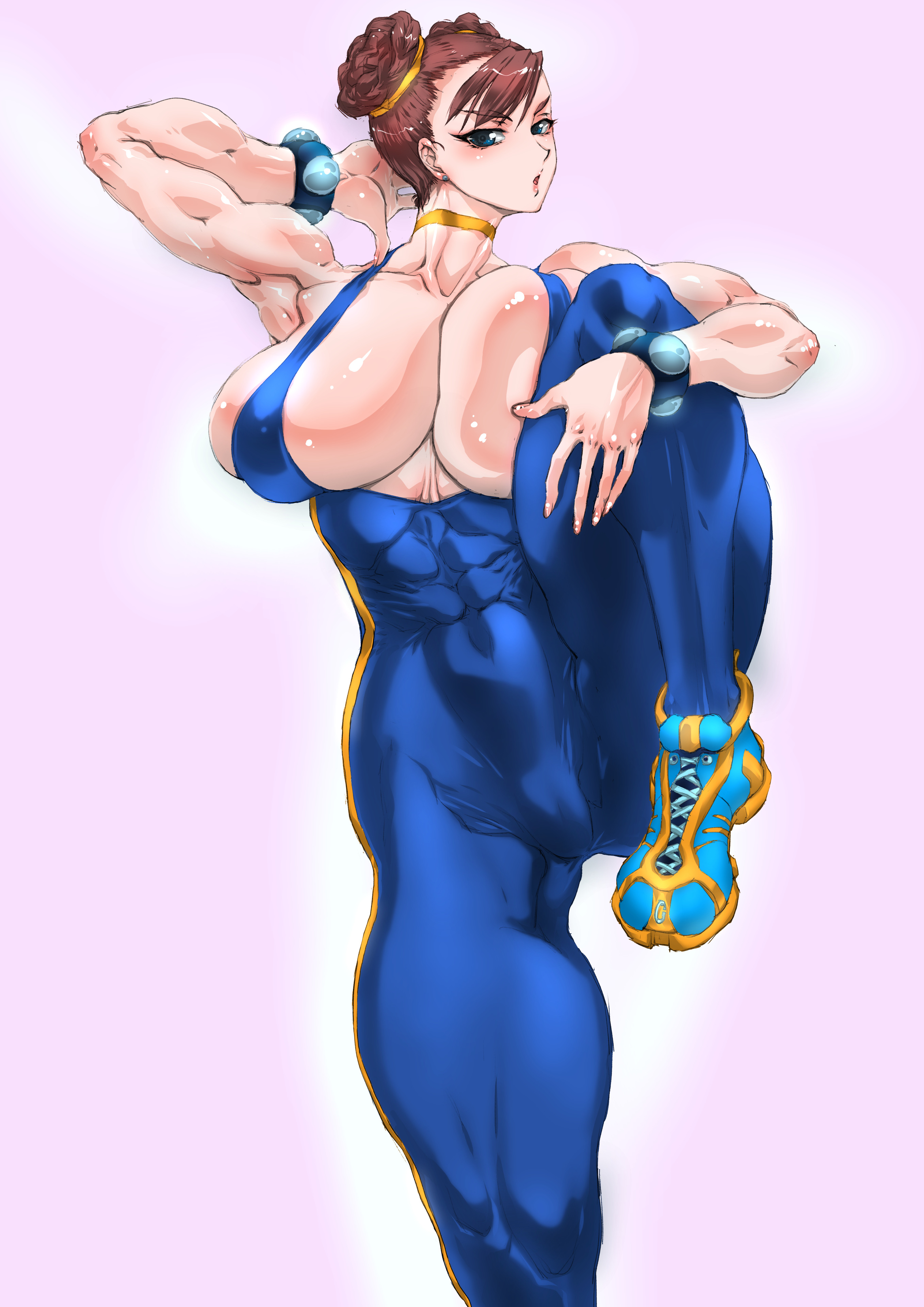 armpits, big breasts, bodysuit, bracelet, breasts, bursting breasts, busty, capcom, chun-li, cleavage, female, female focus, female only, hourglass figure, large breasts, muscle tone, muscles, overflowing breasts, pinup, pinup pose, skindentation, sneakers, street fighter, street fighter alpha, toned, toned female, wide hips, yuri-ai