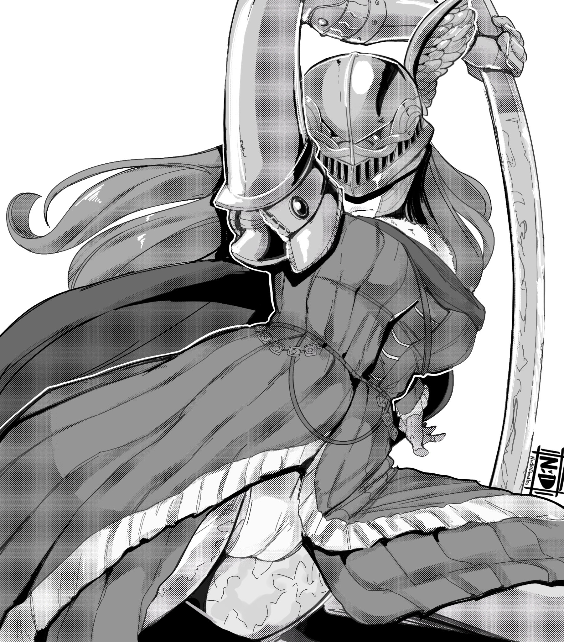 1girls, armor, big breasts, bottomless, breasts, elden ring, female, female only, fromsoftware, goddess, low-angle view, malenia blade of miquella, nudiedoodles, prosthetic, pussy, sword, thick thighs, vagina, weapon