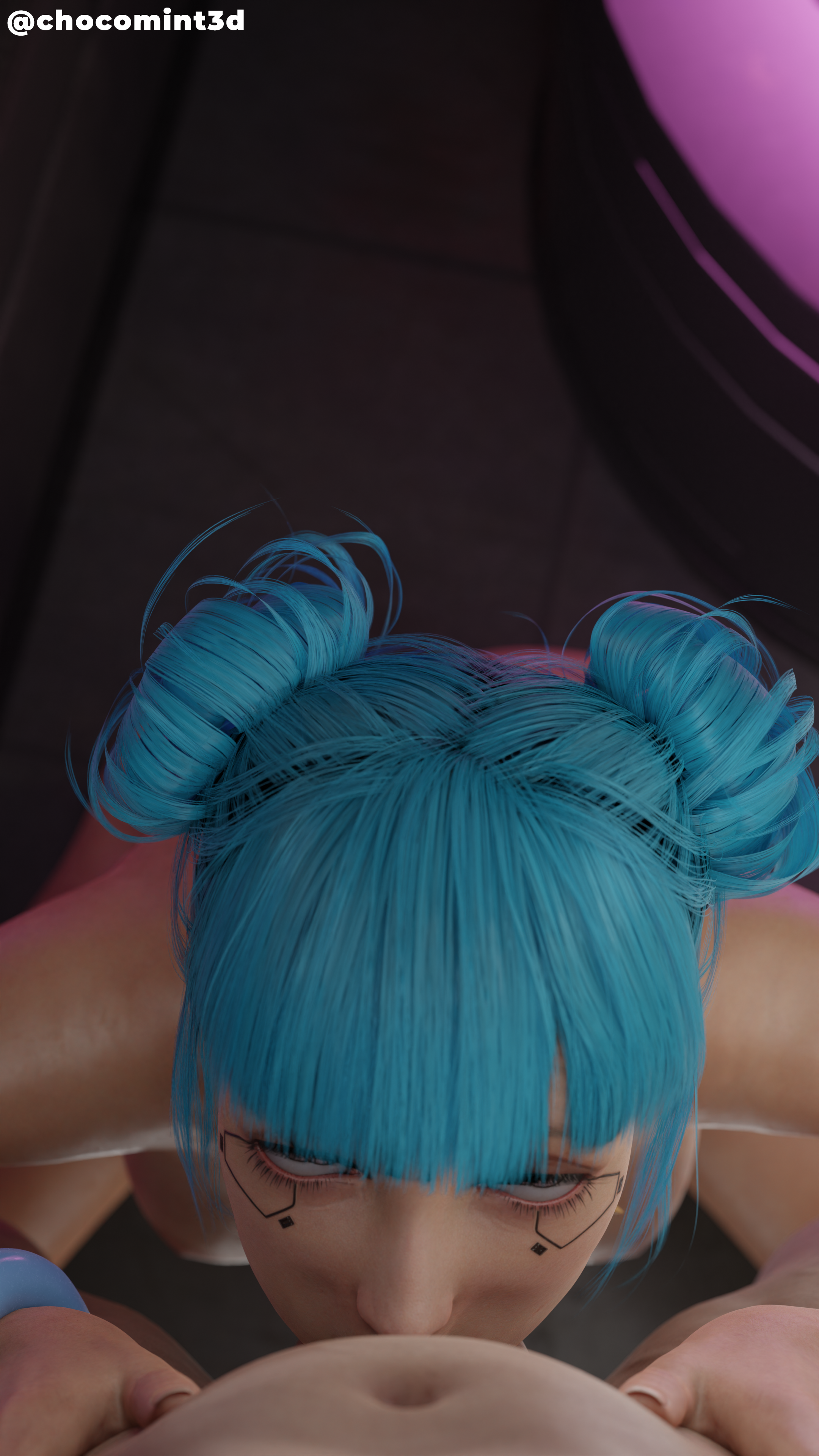 1boy, 1girls, 3d, blue hair, blue moon (cyberpunk 2077), blurry background, breasts, chocomint3d, curved penis, cyberpunk 2077, deepthroat, eyes rolling back, face fucking, female, hands on hips, jewelry, large penis, light skin, light-skinned female, light-skinned male, male, medium breasts, nipples, on knees, oral, penis, twitter username, watermark
