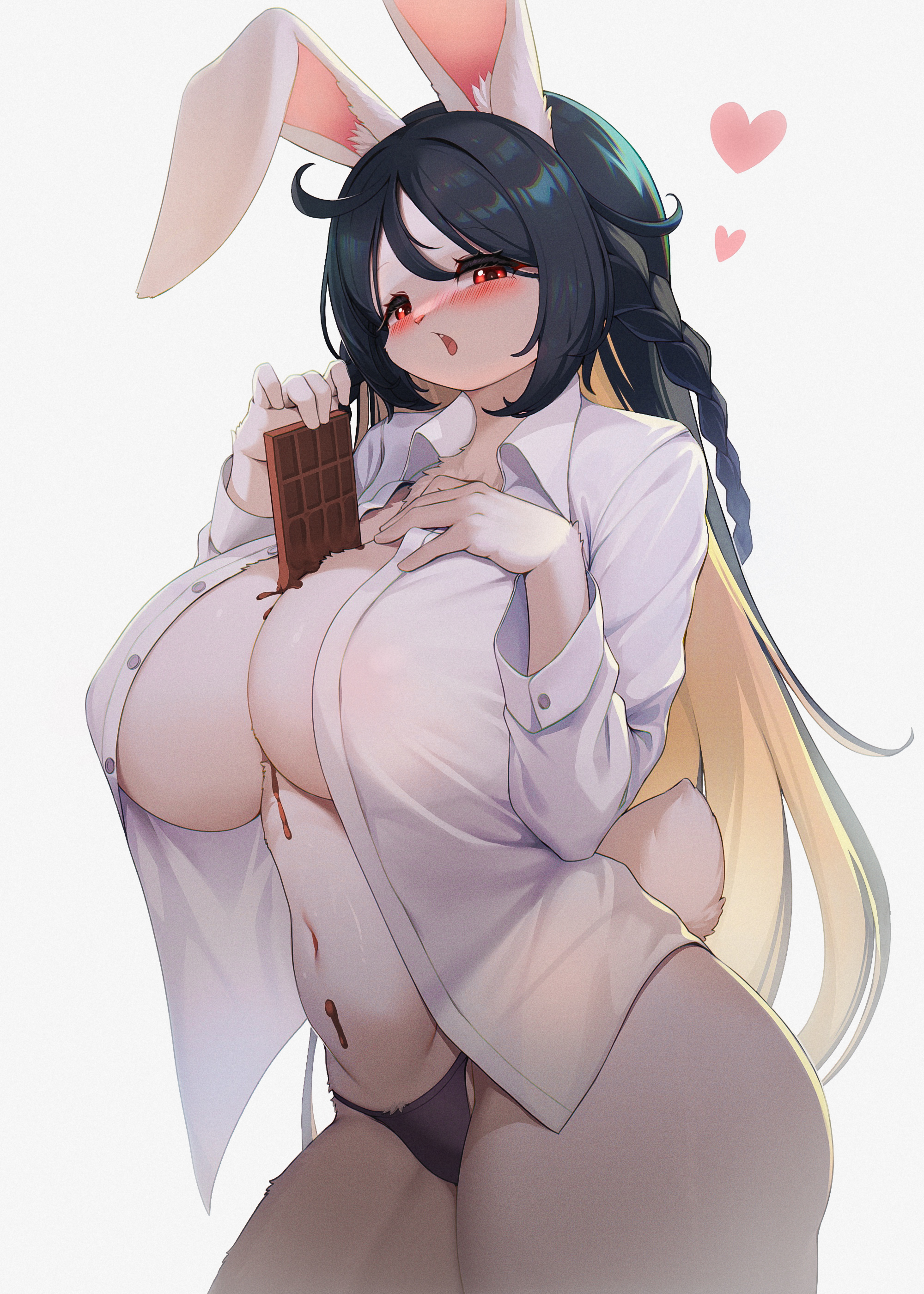 <3, 1girls, absurd res, animal ears, anthro, anthro only, between breasts, big breasts, black clothing, black hair, black panties, black underwear, blouse, blush, breasts, bunny ears, candy, chocolate, cleavage, clothed, clothing, dessert, dress shirt, eyelashes, eyeliner, female, female only, fingers, food, furry, furry only, hair, heart, hi res, huge breasts, lagomorph, leporid, lingerie, long hair, looking at viewer, makeup, mammal, nipples, nipples visible through clothing, panties, rabbit, red eyes, see-through, shirt, simple background, solo, tail, topwear, underwear, very long hair, voluptuous, white background, white clothing, white shirt, white topwear, whooo-ya, wide hips