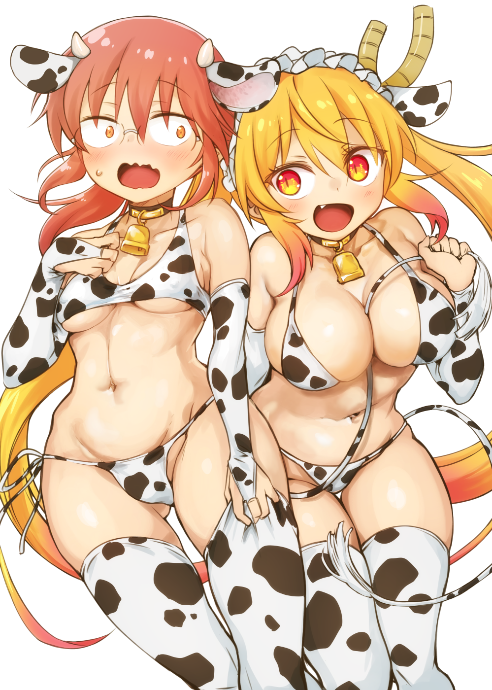 2girls bell big_breasts blonde_hair cleavage collar collar_and_bell cow_print cow_print_armwear cow_print_bikini cow_print_thighhighs dragon_girl dragon_horns female glasses kobayashi kobayashi_sun_(artist) large_breasts light-skinned_female maid_headdress medium_hair miss_kobayashi's_dragon_maid red_hair small_breasts tohru_(dragon_maid) twintails