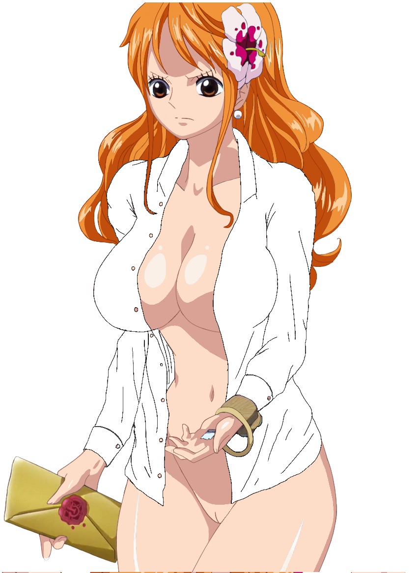 big_breasts brown_eyes cleavage dotvibe female female_only flower_in_hair frown_eyebrows holding_object long_sleeve_shirt nami nude_edit nude_underneath one_piece one_piece_film_gold open_shirt orange_hair pearl_earrings post-timeskip serious_look shaved_pussy white_background