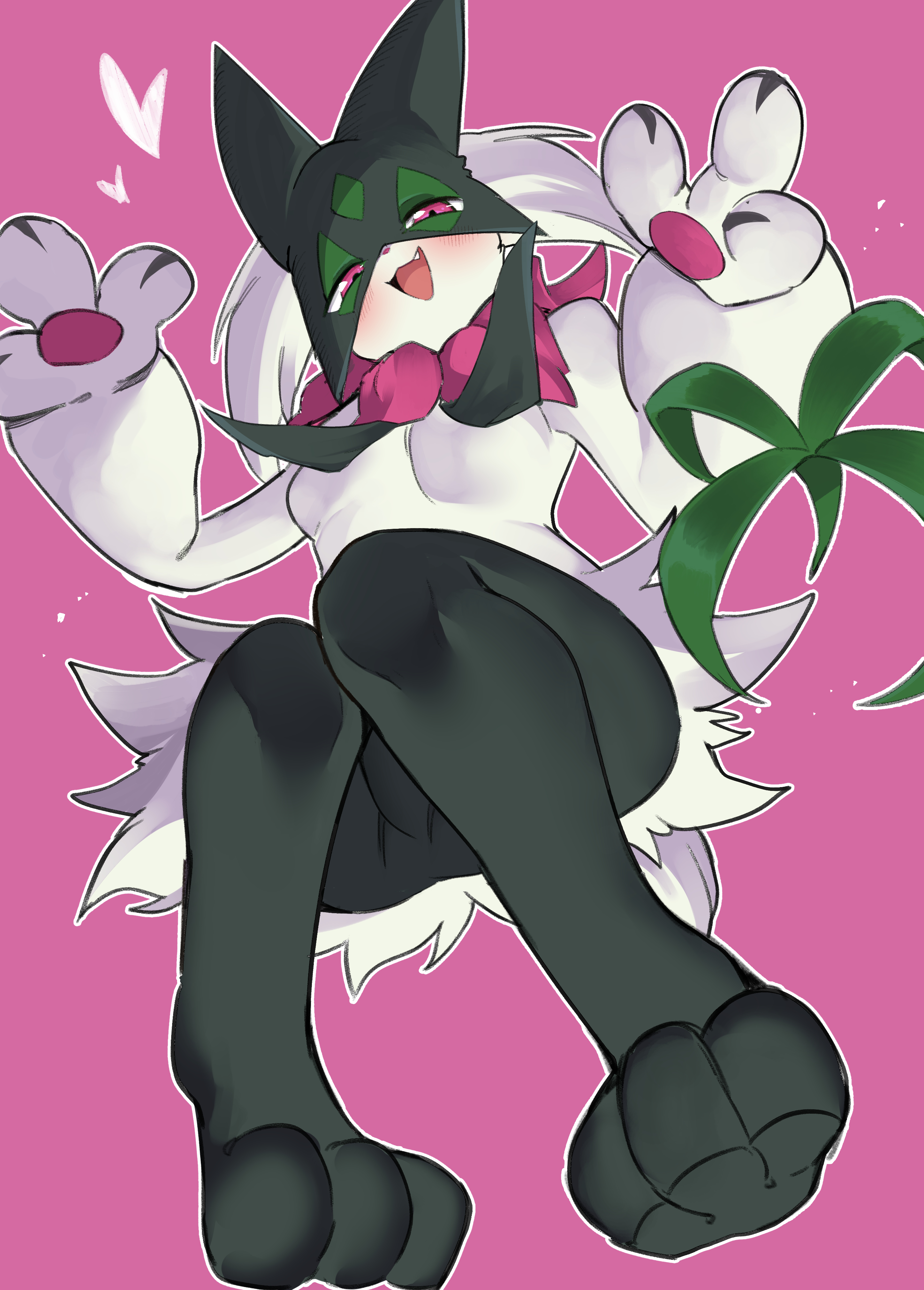 1girls, absurdres, animal nose, anthro, black fur, blush, body fur, breasts, cat girl, cat tail, commentary, cute, cute face, fangs, female, from below, furry, furry female, green fur, green hair, half-closed eyes, hands up, happy, heart, highres, invisible chair, knees together feet apart, legs, looking at viewer, looking down, meowscarada, open mouth, outline, pawpads, pink background, pink eyes, pokémon (species), pokemon, pokemon (species), pokemon sv, short hair, shun soku, simple background, sitting, small breasts, smile, solo, tail, two-tone fur, white outline