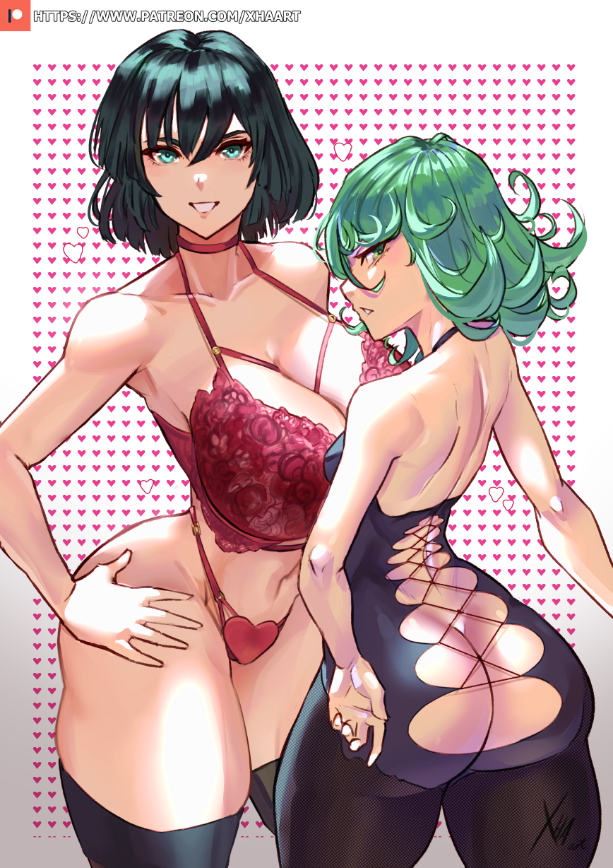 2girls, ass, ass cleavage, ass crack, ass focus, ass visible through thighs, breasts, butt crack, female, female only, fubuki (one-punch man), green eyes, looking at viewer, multiple females, multiple girls, one-punch man, short hair, sisters, smiling, smiling at viewer, tatsumaki, thighhighs, xhaart