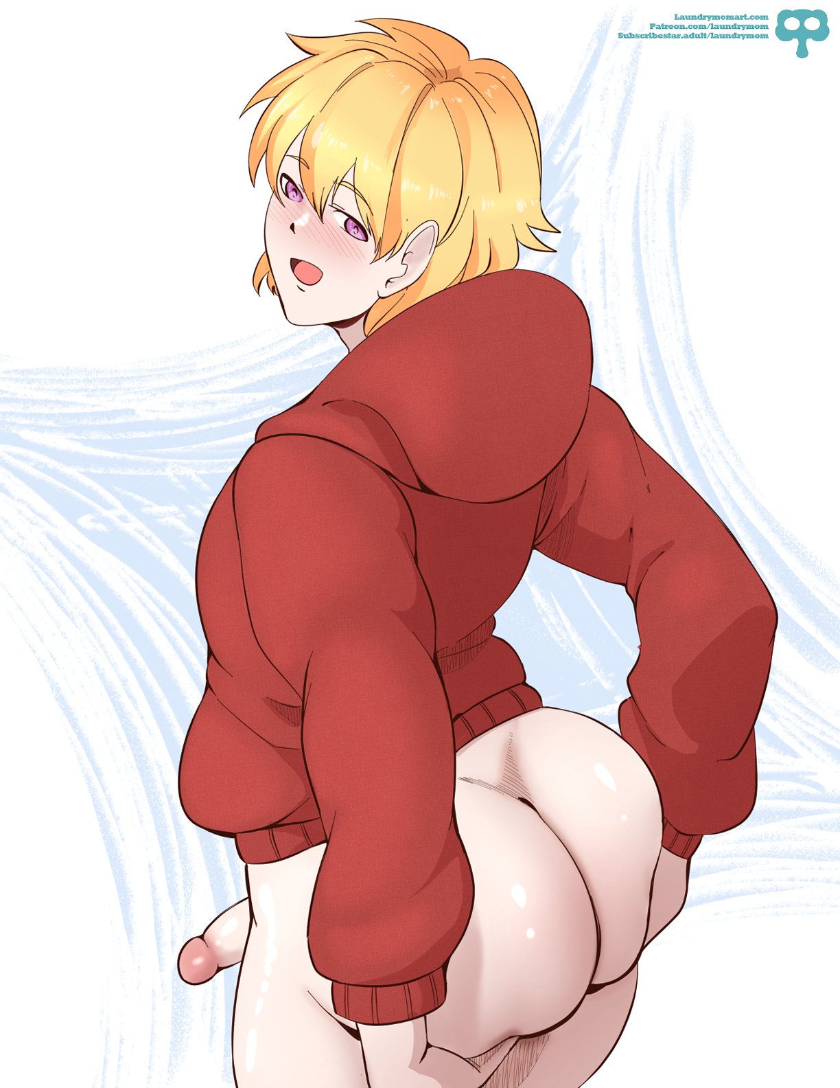 1boy, ass, ass support, big ass, blonde hair, bottomless, bubble ass, bubble butt, fat ass, femboy, hands on ass, hands on own ass, huge ass, jacket, large ass, laundrymom, looking at viewer, looking back, male, male only, original, original character, penis, pink eyes, solo, taylor (laundrymom), thick ass, thick thighs, wide hips