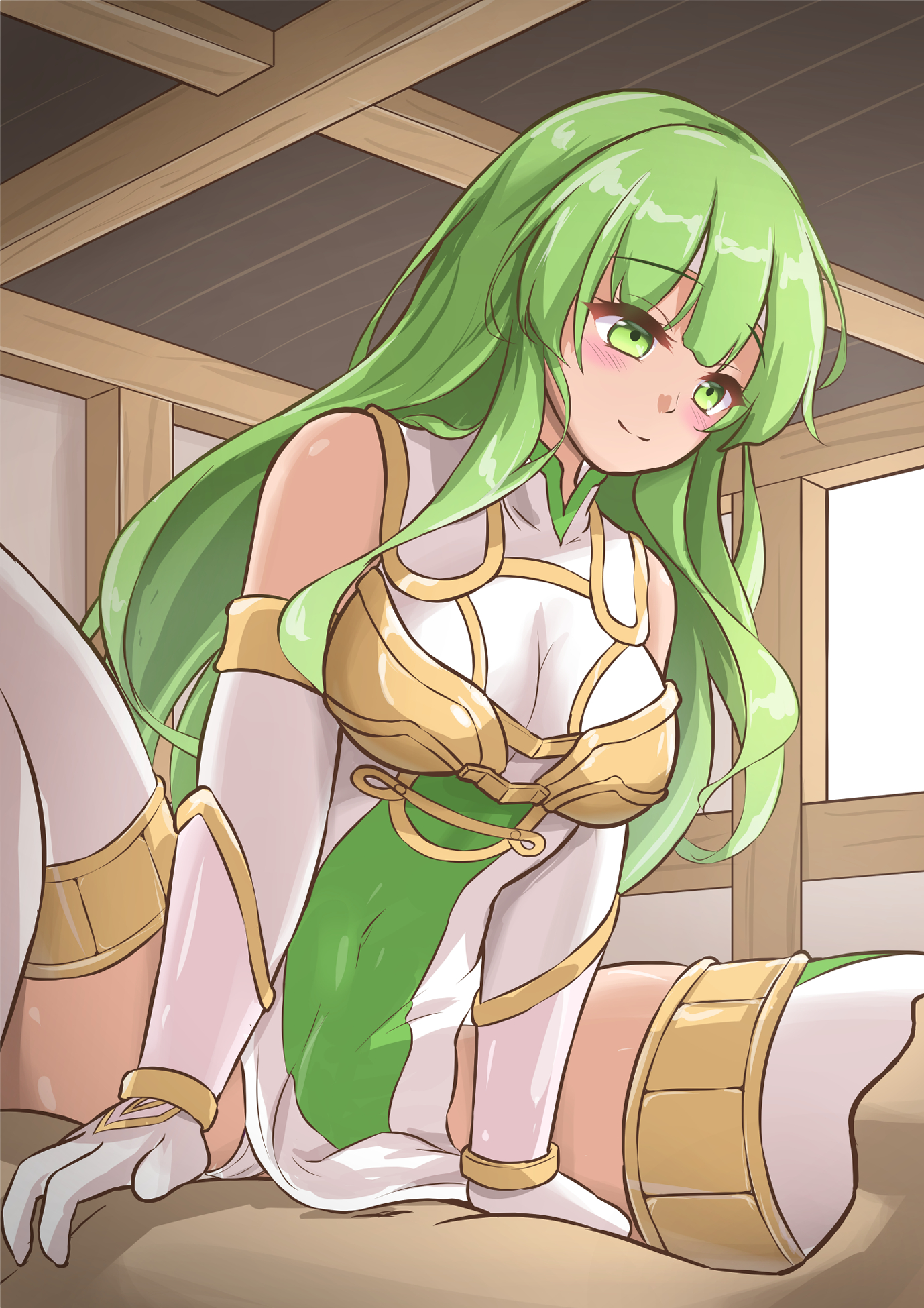 1boy, 1girls, alternate costume, aose saratoga, bare shoulders, blush, boots, breasts, commentary request, covered penetration, cowgirl position, dress, elbow gloves, female, female focus, fire emblem, fire emblem echoes: shadows of valentia, fire emblem heroes, fire emblem: mystery of the emblem, fire emblem: shadow dragon and the blade of light, gloves, green eyes, green hair, highres, implied sex, indoors, large breasts, long hair, male, nintendo, official alternate costume, palla (fire emblem), panties, pelvic curtain, sex under clothes, sex under dress, sex under skirt, sitting, sleeveless, sleeveless dress, smile, spread legs, thigh boots, thighhighs, thighs, underwear, very long hair, white dress, white gloves, white panties, white thighhighs