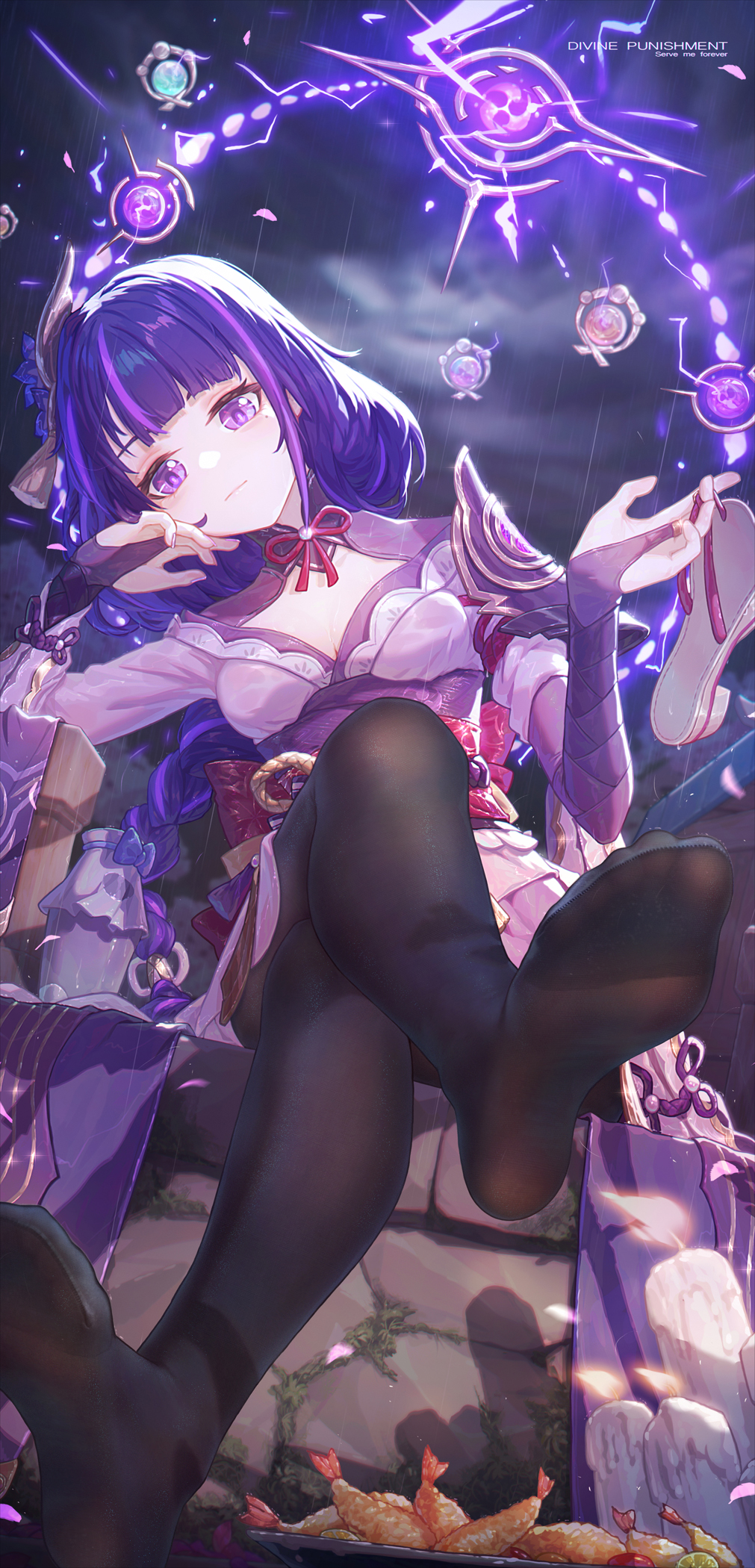 1girls, black legwear, closed mouth, crossed legs, feet, female, foot fetish, foot focus, genshin impact, icecake, purple eyes, purple hair, raiden shogun, sandals, sandals removed, shoes, shoes removed, sitting, soles, toes