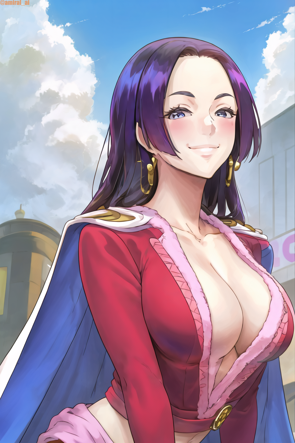 1girls, ai generated, amiral ai, black hair, blue eyes, boa hancock, breasts, cleavage, clothed, female, female only, high resolution, huge breasts, light skin, light-skinned female, long hair, one piece, smile, solo