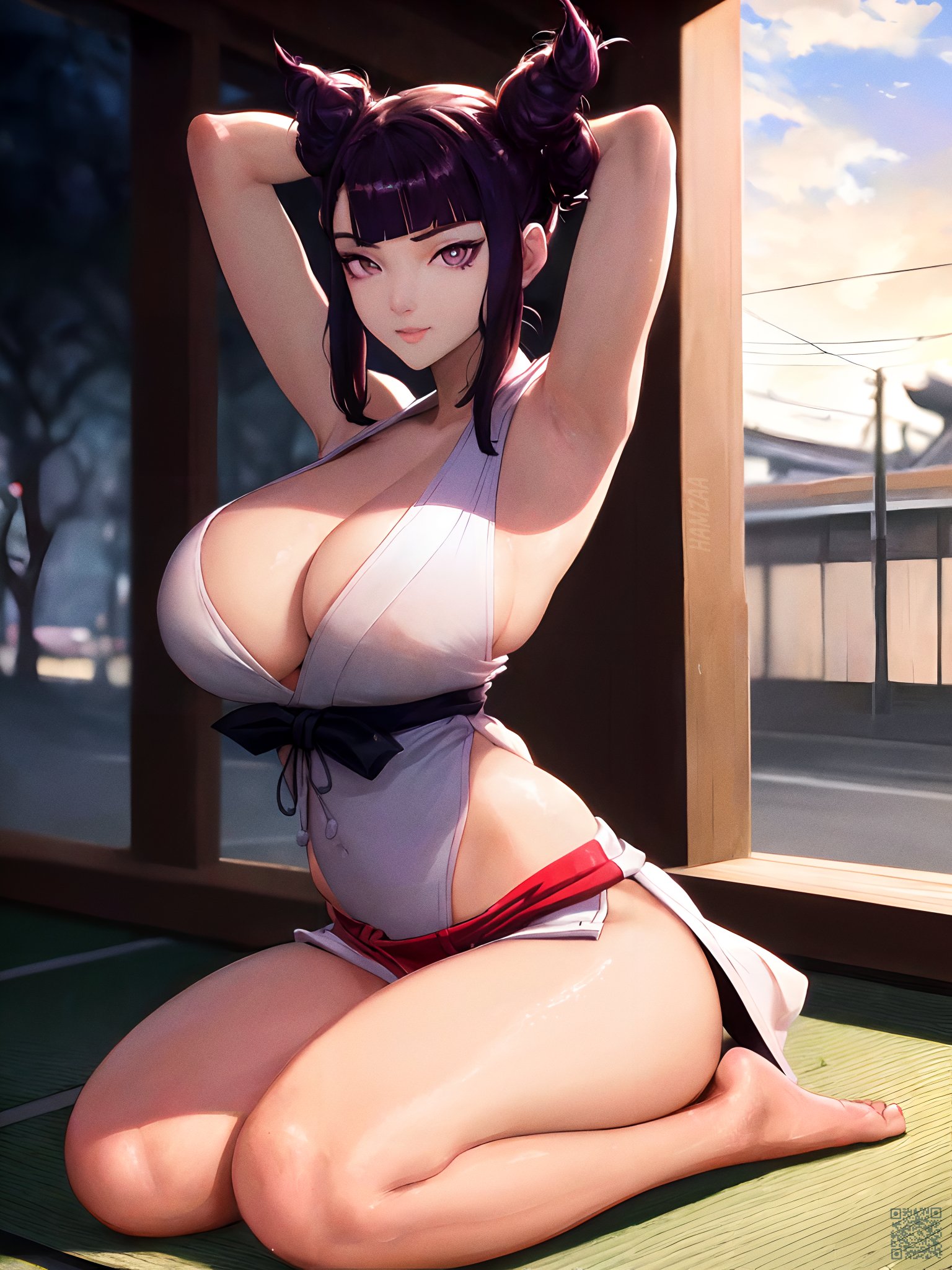 1girls, ai generated, armpits, arms behind head, arms up, capcom, curvy, curvy body, curvy female, curvy figure, female, hi res, high resolution, juri han, looking at viewer, seductive look, solo, street fighter, voluptuous female